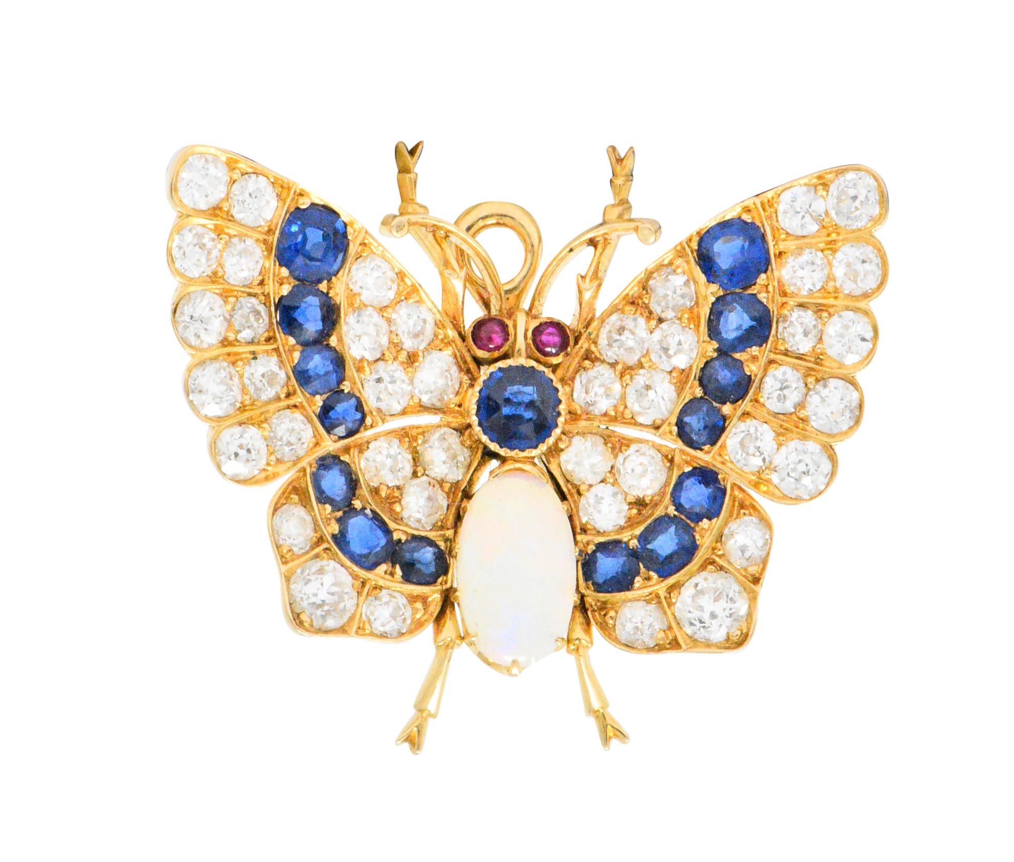 Bailey Banks & Biddle Victorian 3.50 Sapphire Opal Gold Butterfly Pendant Brooch 2