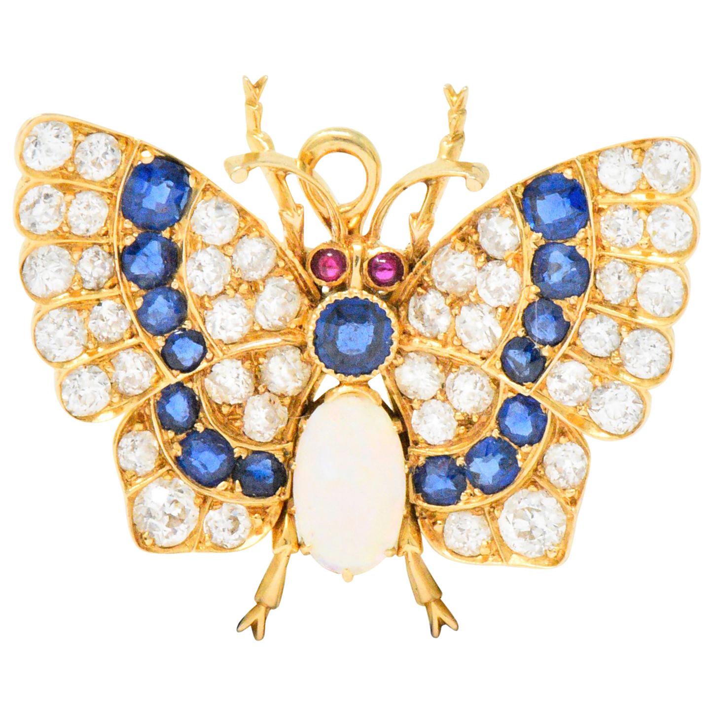Bailey Banks & Biddle Victorian 3.50 Sapphire Opal Gold Butterfly Pendant Brooch