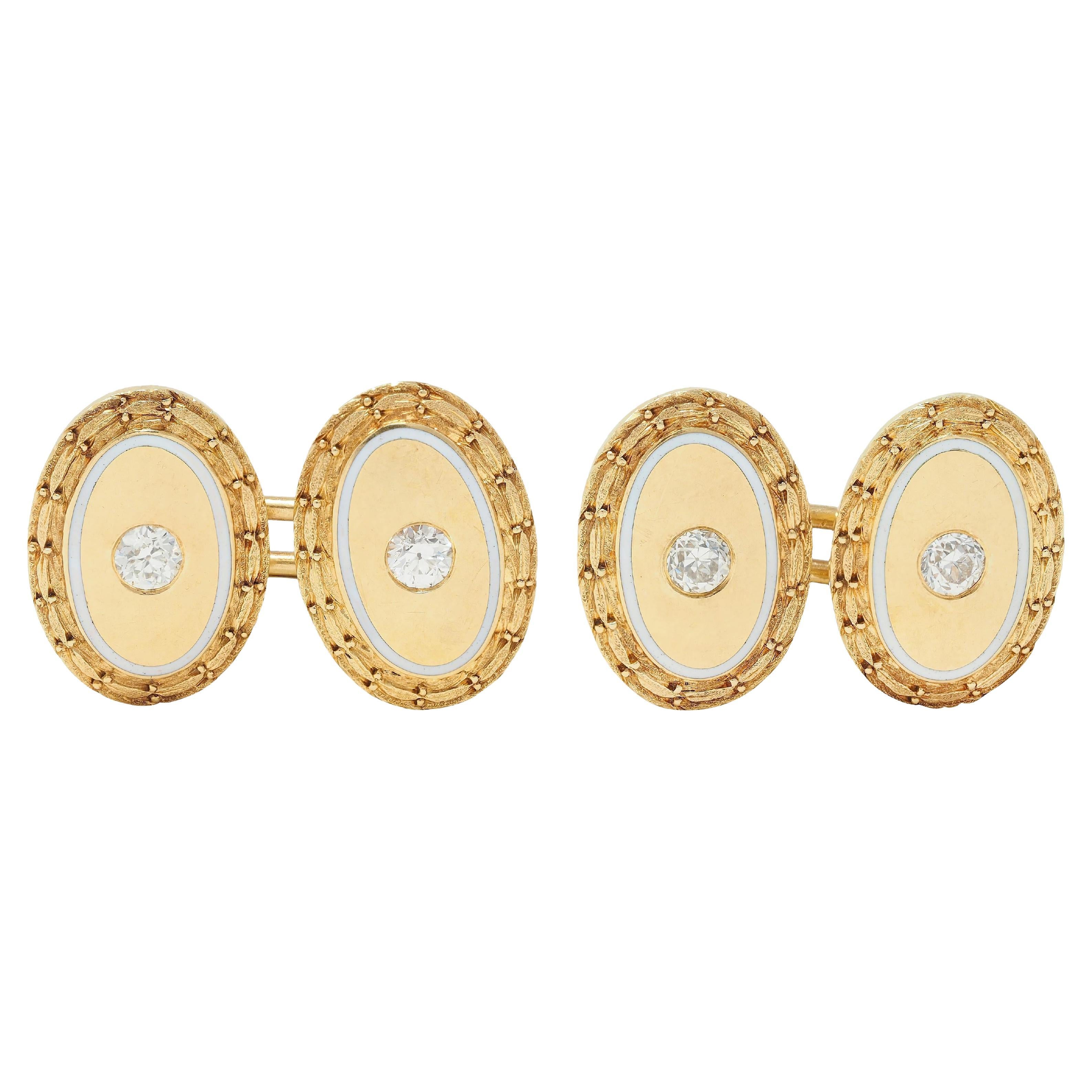 Bailey, Banks & Biddle, gemelli da polso vittoriani con diamante e smalto in oro 14 carati, antichi, a forma di grano