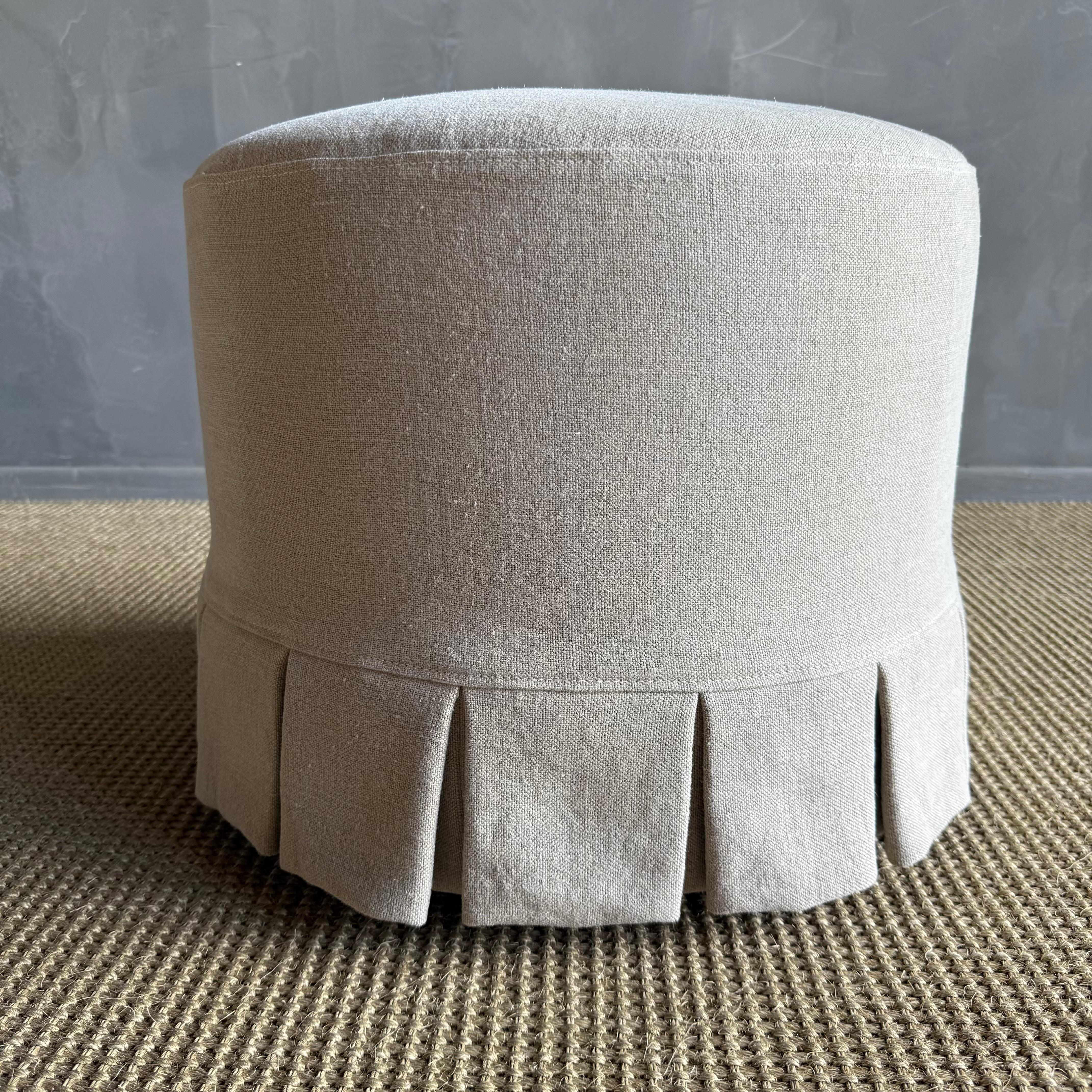 Bailey Flax Slip Covered Ottoman in Linen with Pleated Skirt In New Condition For Sale In Old Town Orange, CA