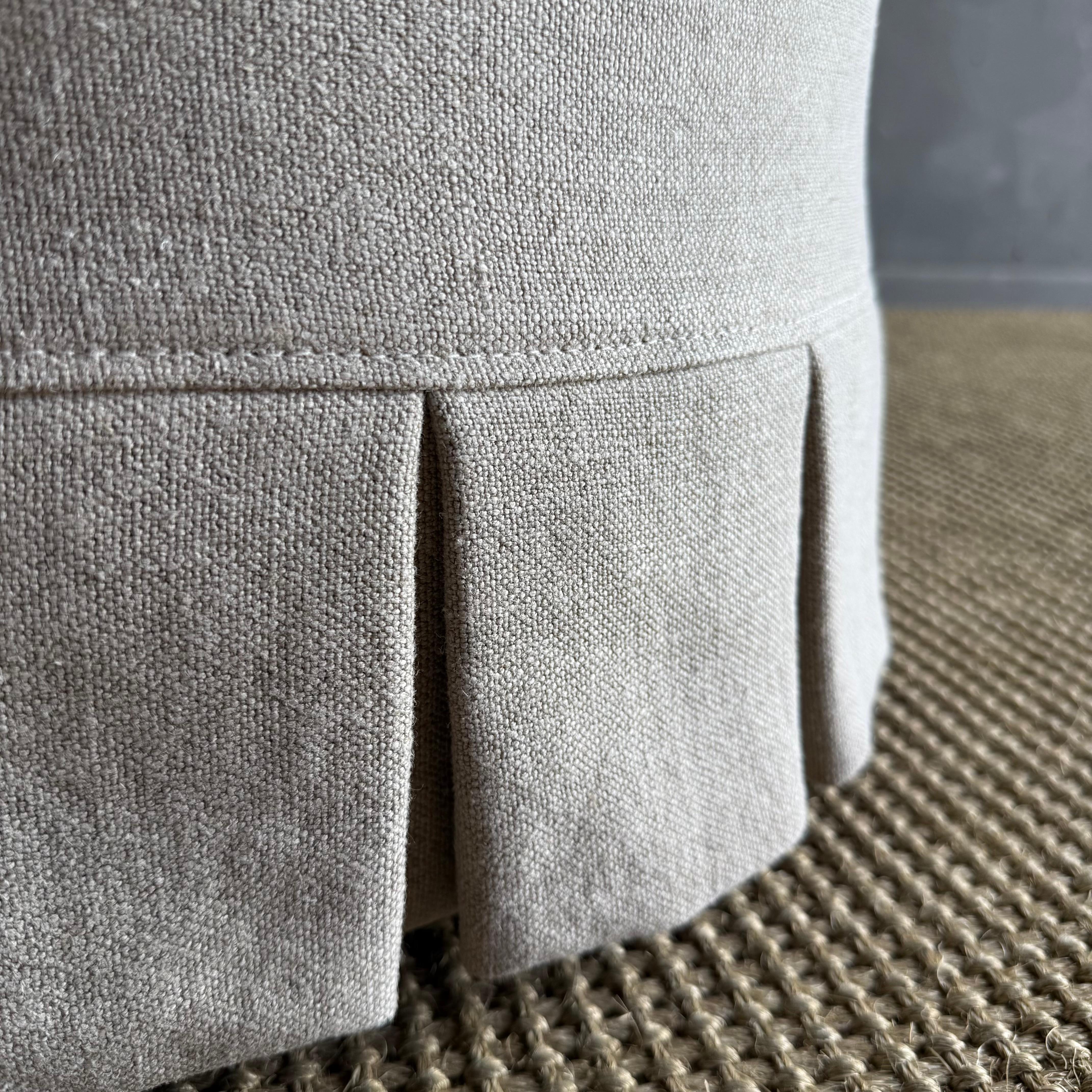 Bailey Flax Slip Covered Ottoman in Linen with Pleated Skirt For Sale 1