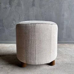Bailey Round Stool in Linen Stripe with Hand Stitched Details and White Oak Legs