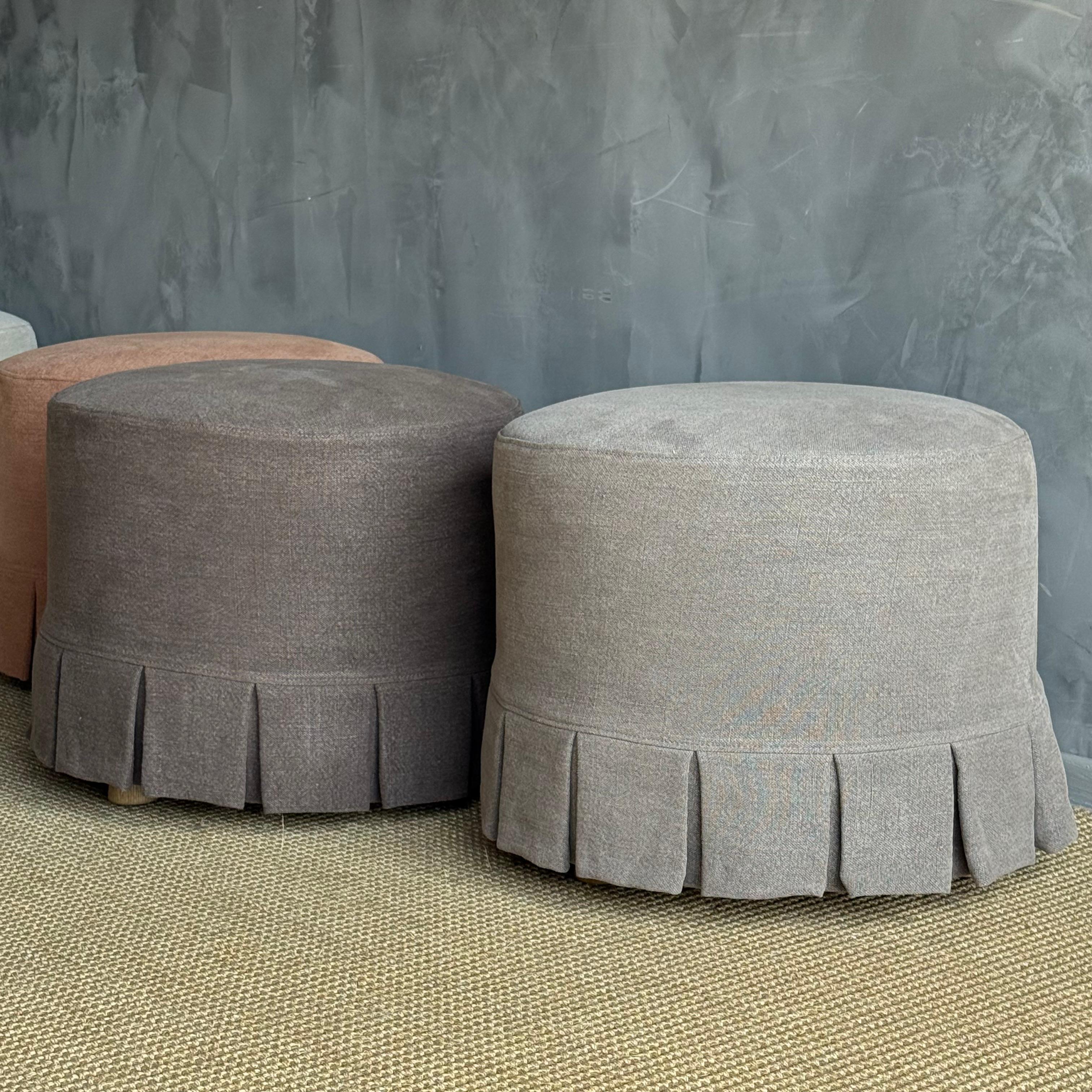 Bailey Slip Covered Ottoman in Linen Ticking Stripe with Pleated Skirt For Sale 6