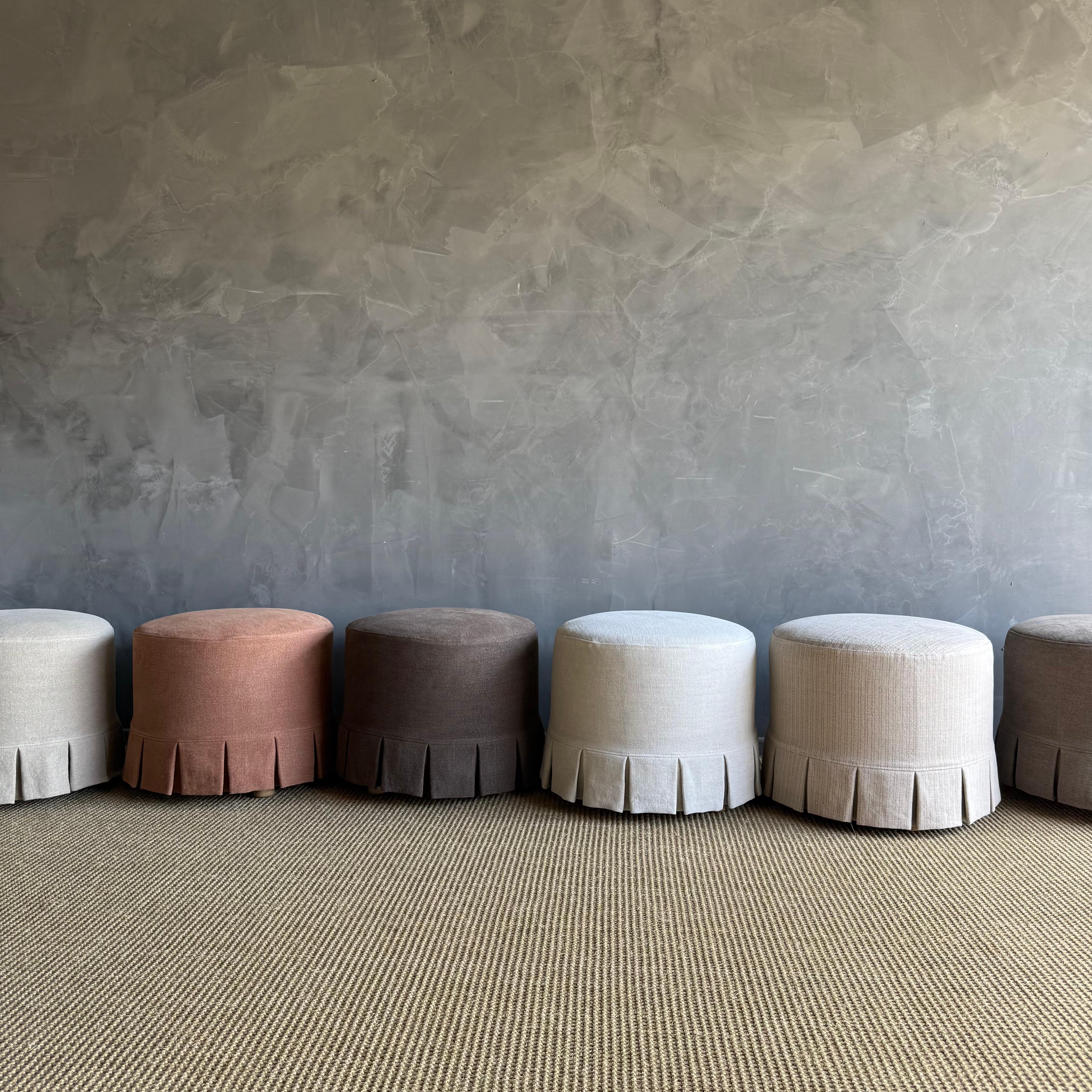 Bailey Slip Covered Ottoman in Linen Ticking Stripe with Pleated Skirt For Sale 7