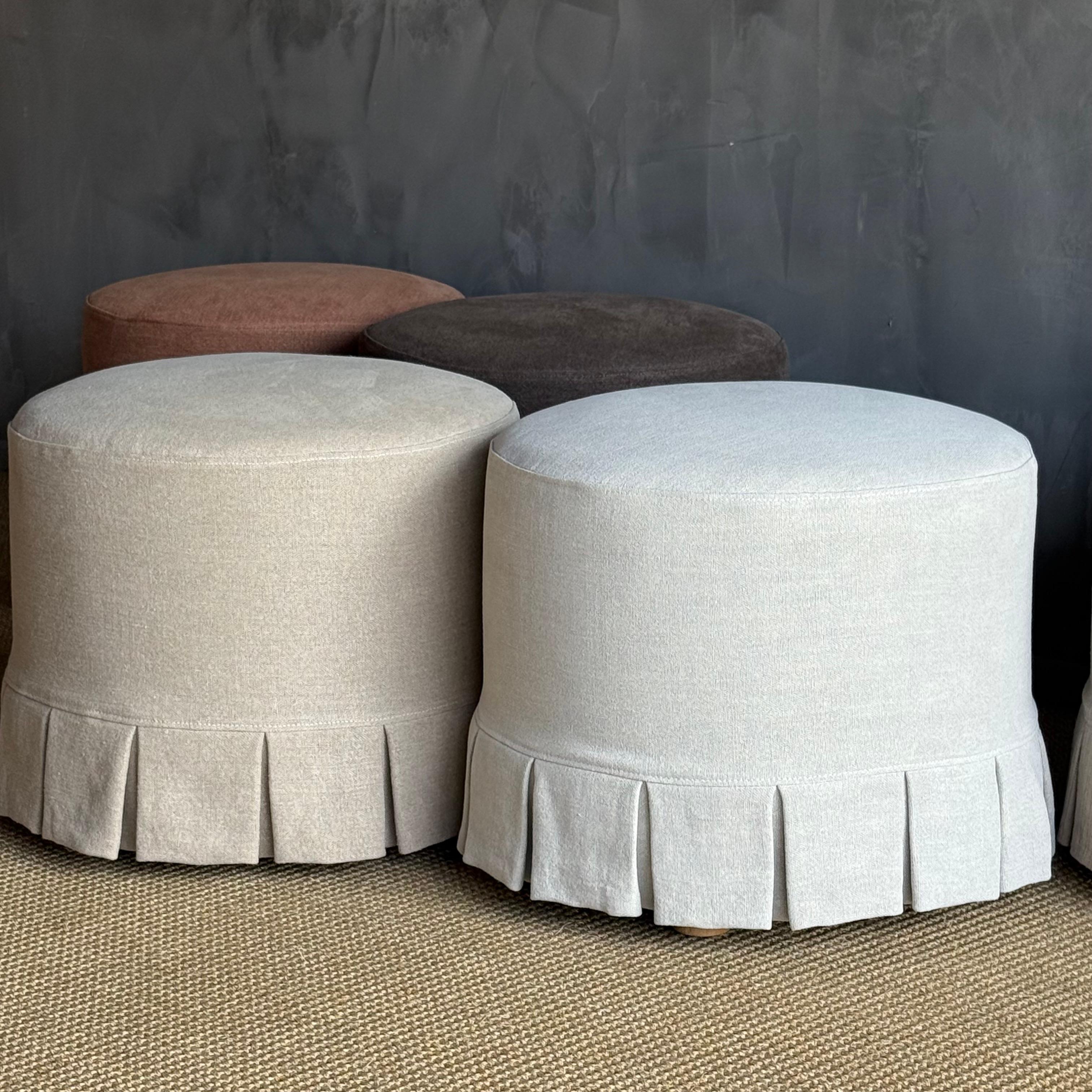 Bailey Slip Covered Ottoman in Linen Ticking Stripe with Pleated Skirt For Sale 8