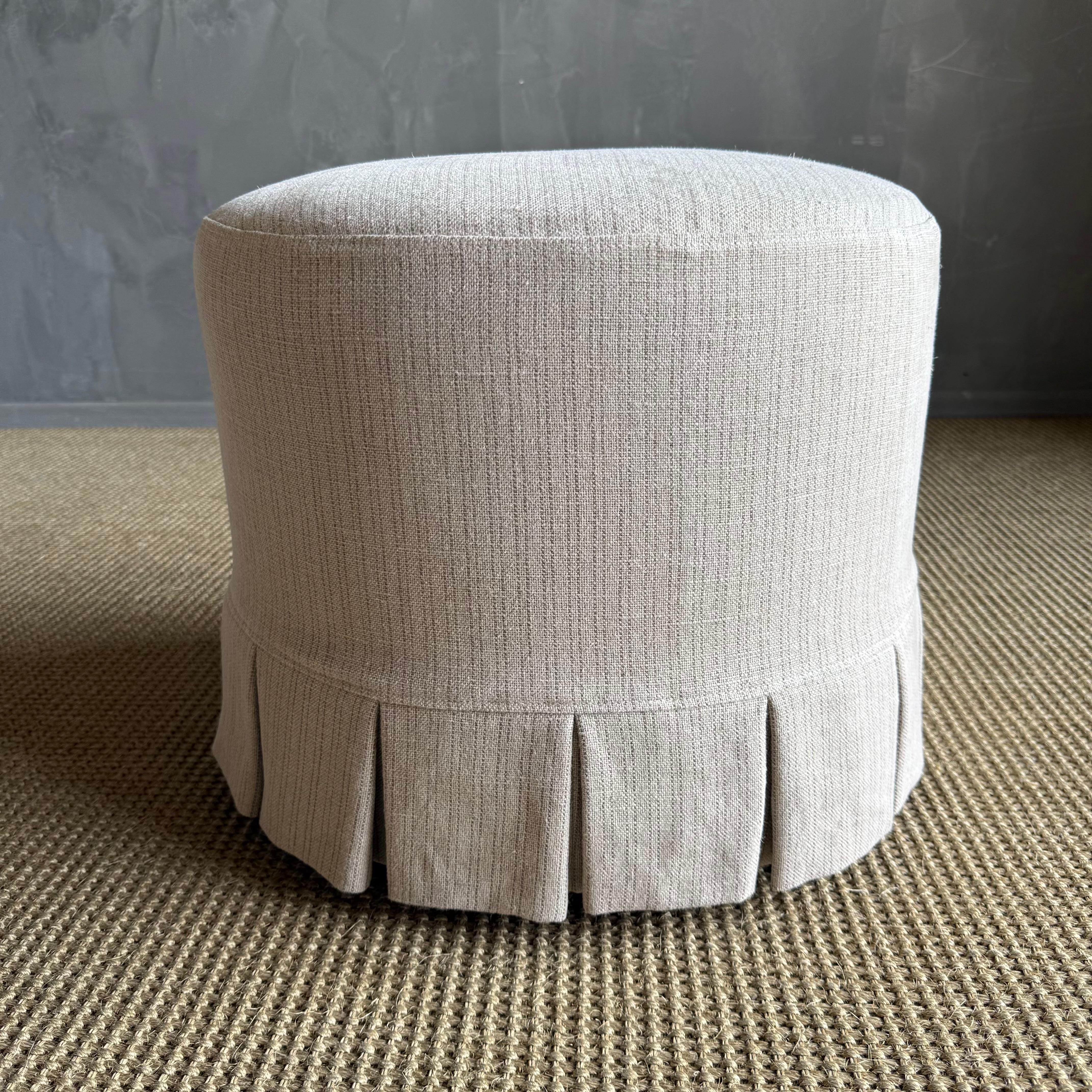 Bailey Slip Covered Ottoman in Linen Ticking Stripe with Pleated Skirt In New Condition For Sale In Old Town Orange, CA