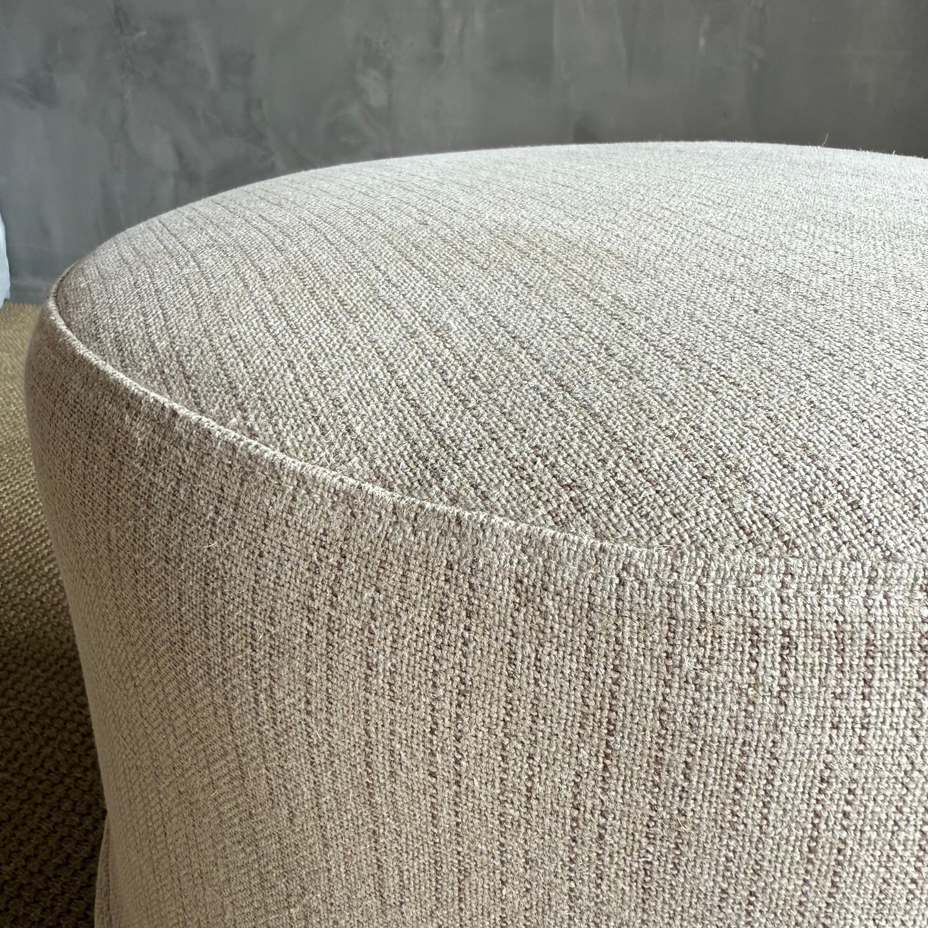 Contemporary Bailey Slip Covered Ottoman in Linen Ticking Stripe with Pleated Skirt For Sale