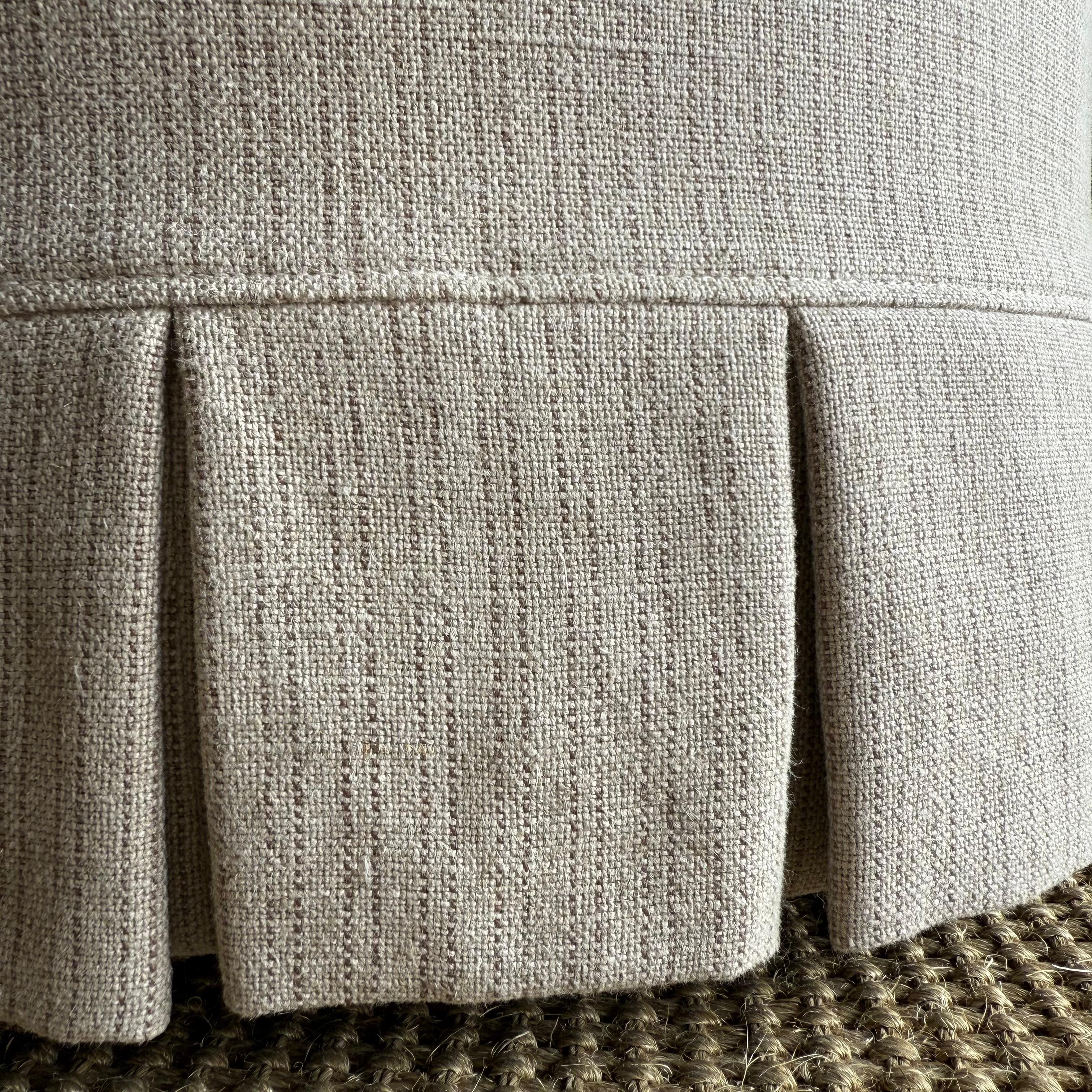 Bailey Slip Covered Ottoman in Linen Ticking Stripe with Pleated Skirt For Sale 1