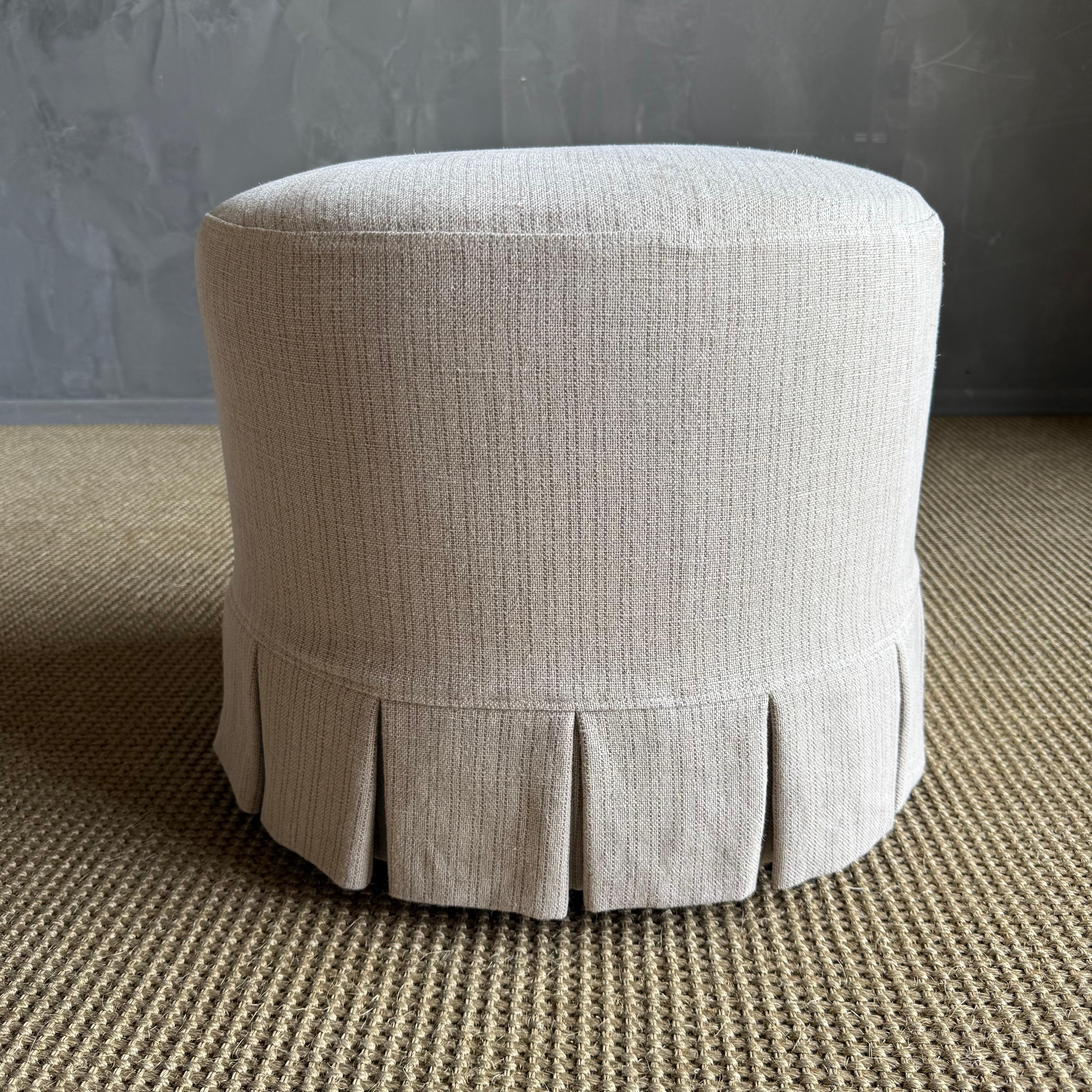 Bailey Slip Covered Ottoman in Linen Ticking Stripe with Pleated Skirt For Sale 2