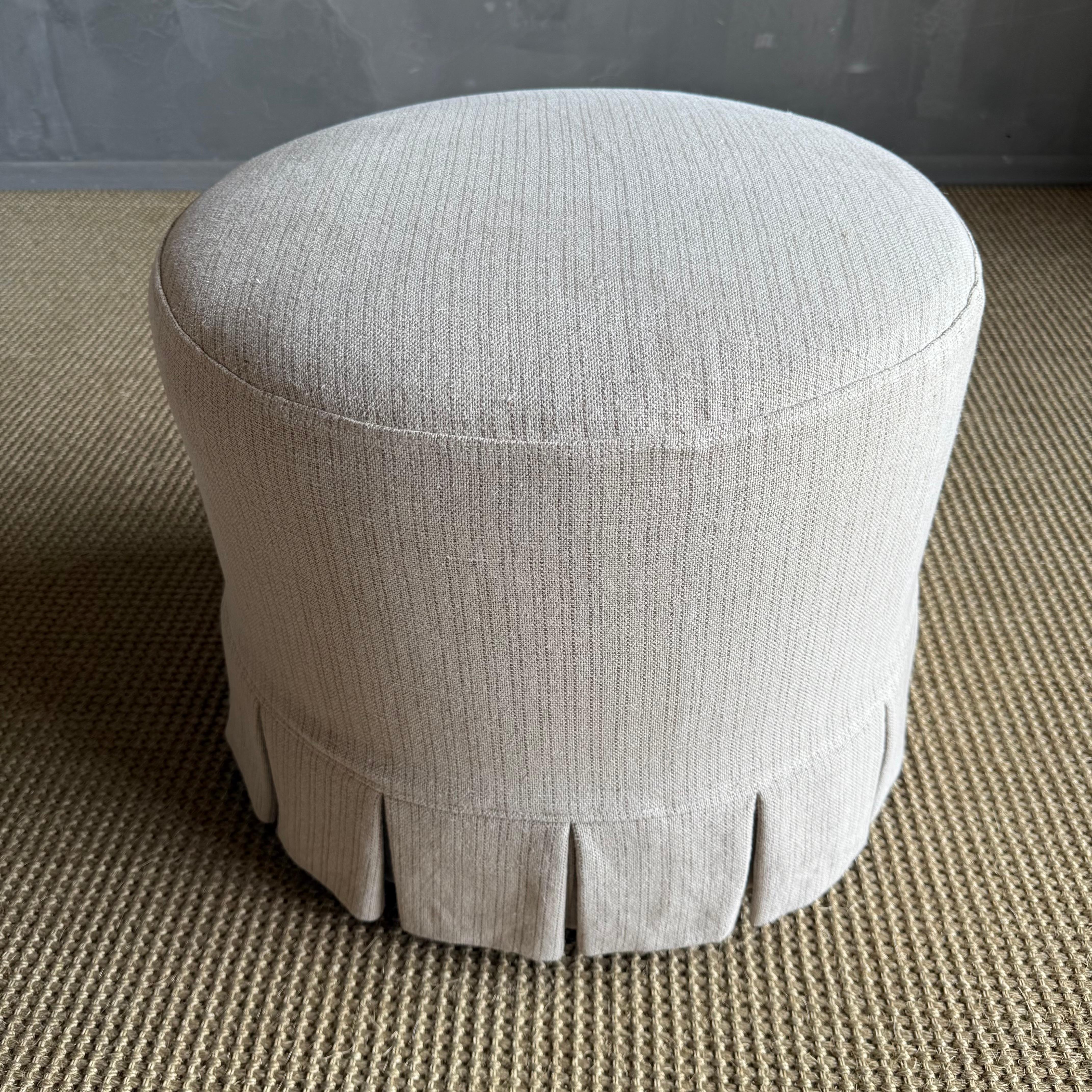 Bailey Slip Covered Ottoman in Linen Ticking Stripe with Pleated Skirt For Sale 4