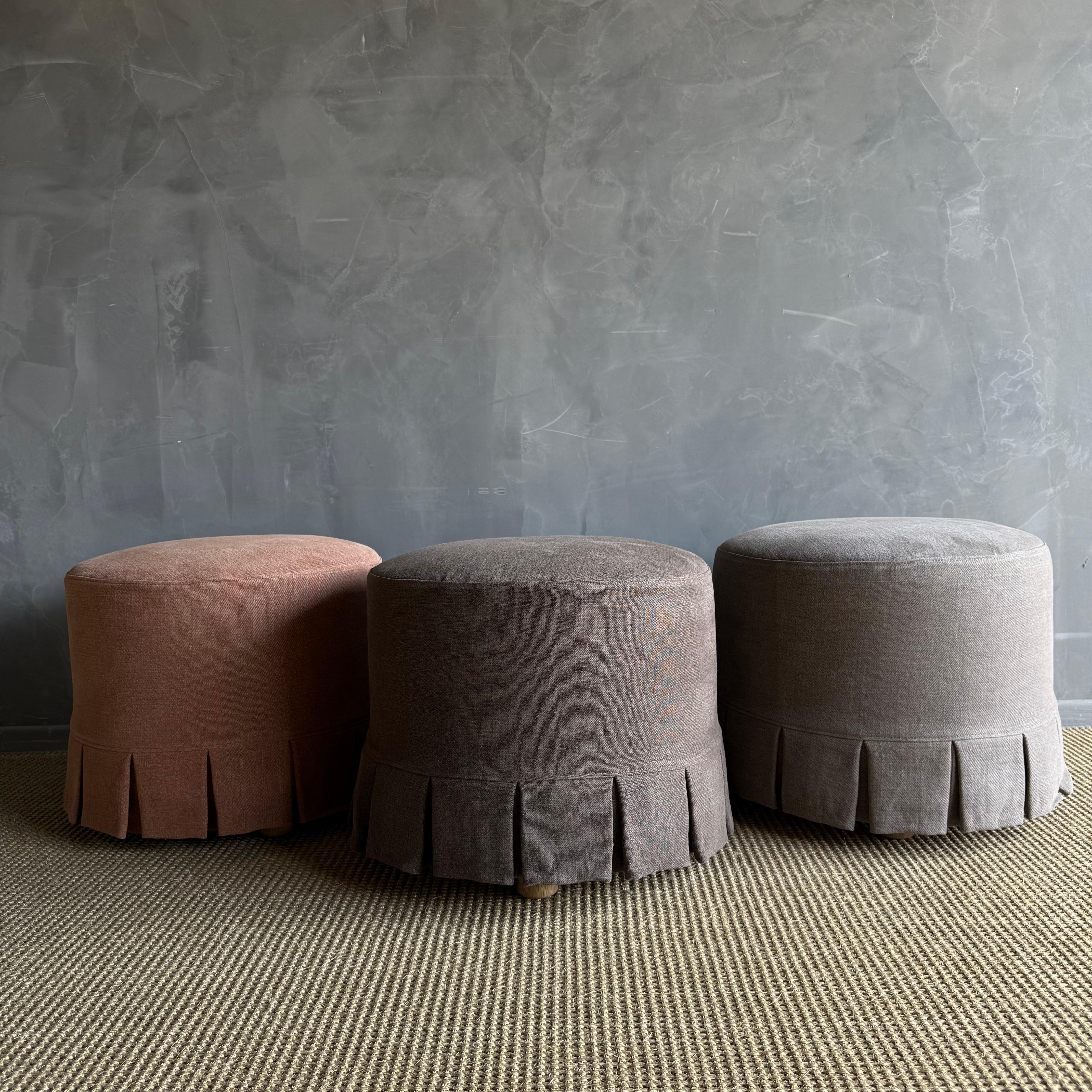 Bailey Slip Covered Ottoman in Linen Ticking Stripe with Pleated Skirt For Sale 5