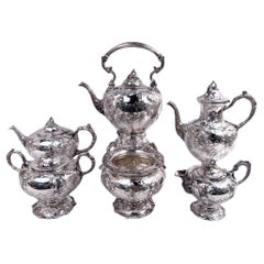 Antique Bailey Victorian Classical Coin Silver Grapevine Coffee & Tea Set