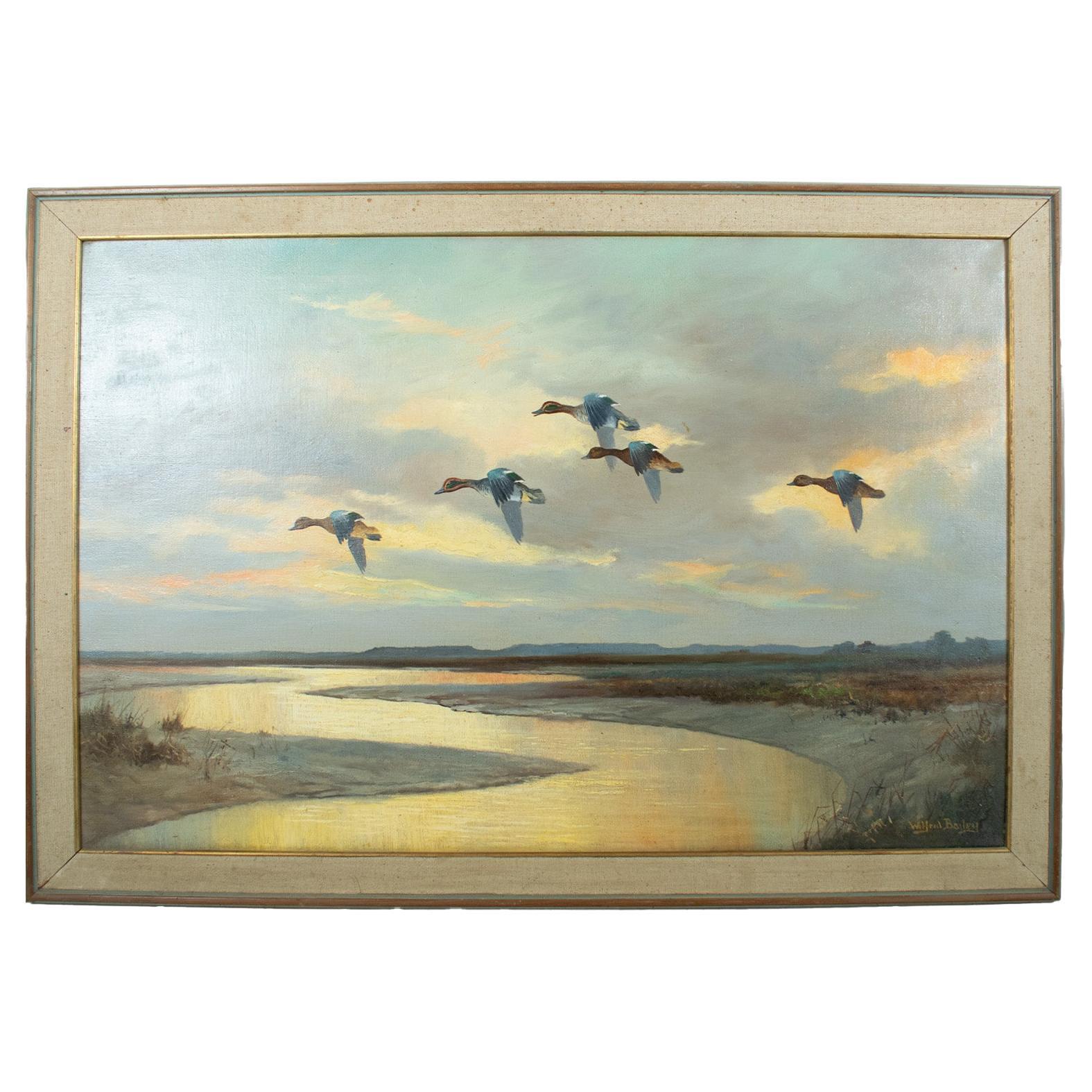 BAILEY Wilfred fl. 1942-1954 - Teal over a Widening Dyke, oil on canvas, signed For Sale