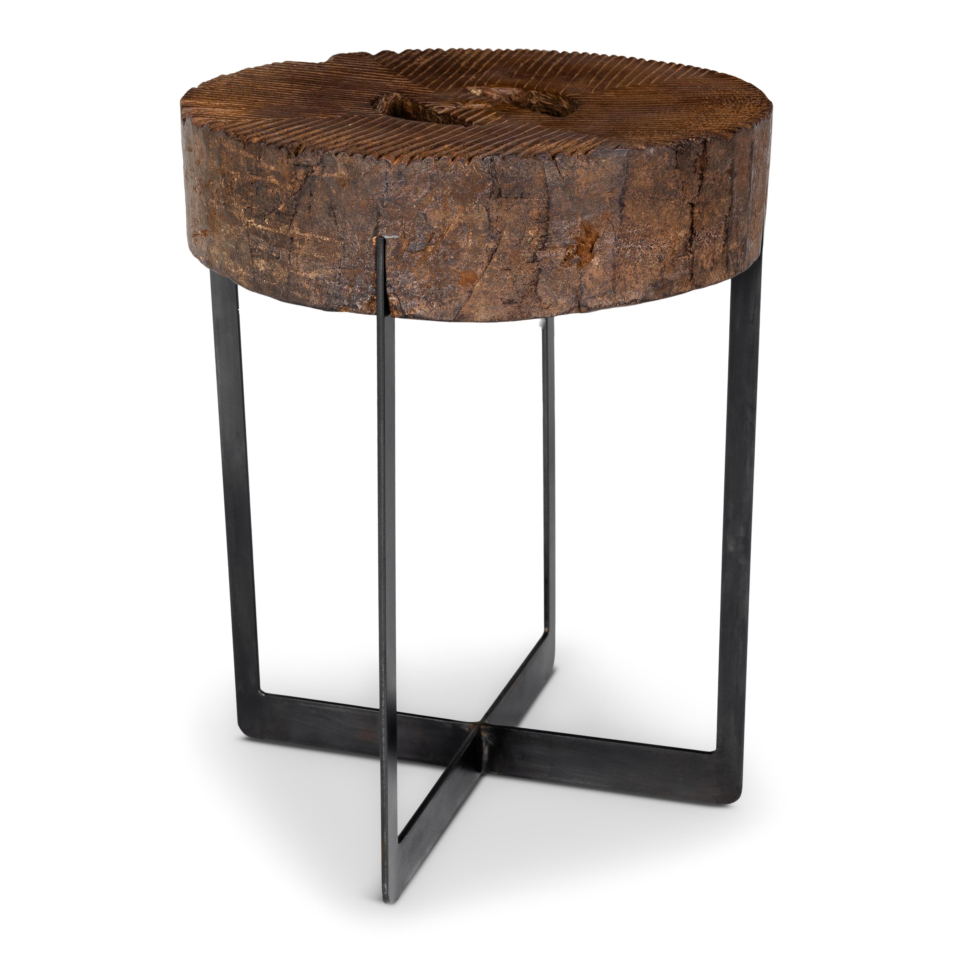 Bailhese wooden mill wheel on ebony patina steel base offers great texture, coloring, and a rustic industrial feel. 

Piece from our one of a kind collection, Le Monde. Exclusive to Brendan Bass.

Globally curated by Brendan Bass, Le Monde