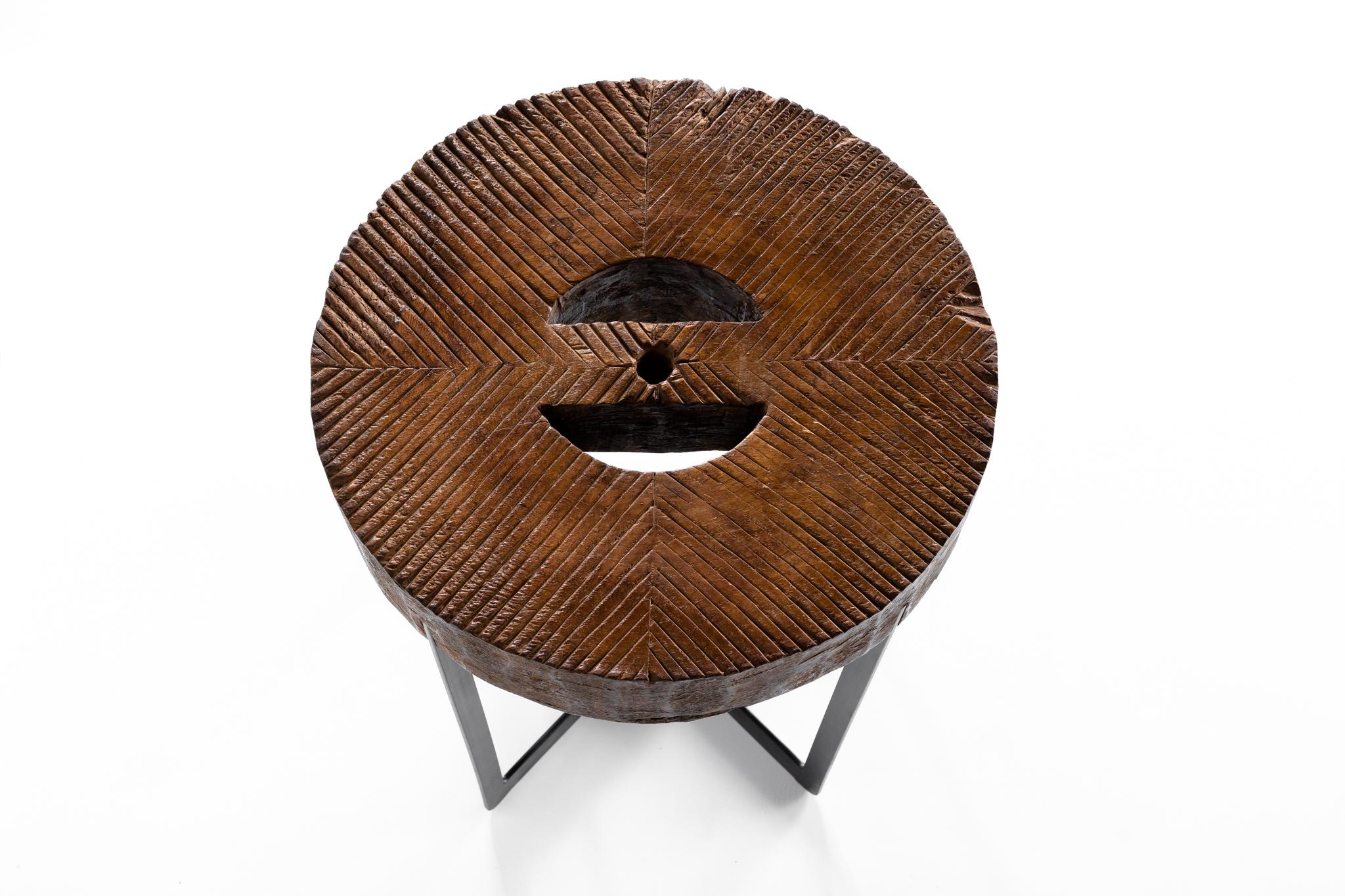 Ebonized Balinese Wooden Mill Wheel on Ebony Patina Steel Base