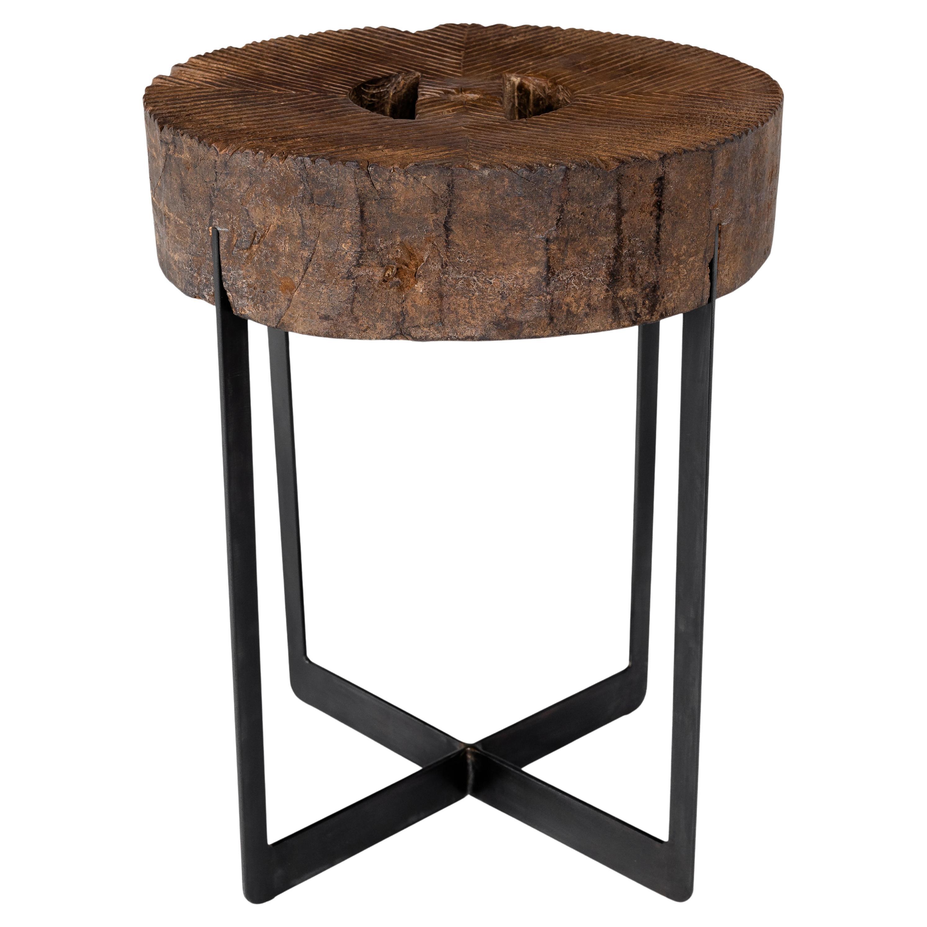 Balinese Wooden Mill Wheel on Ebony Patina Steel Base