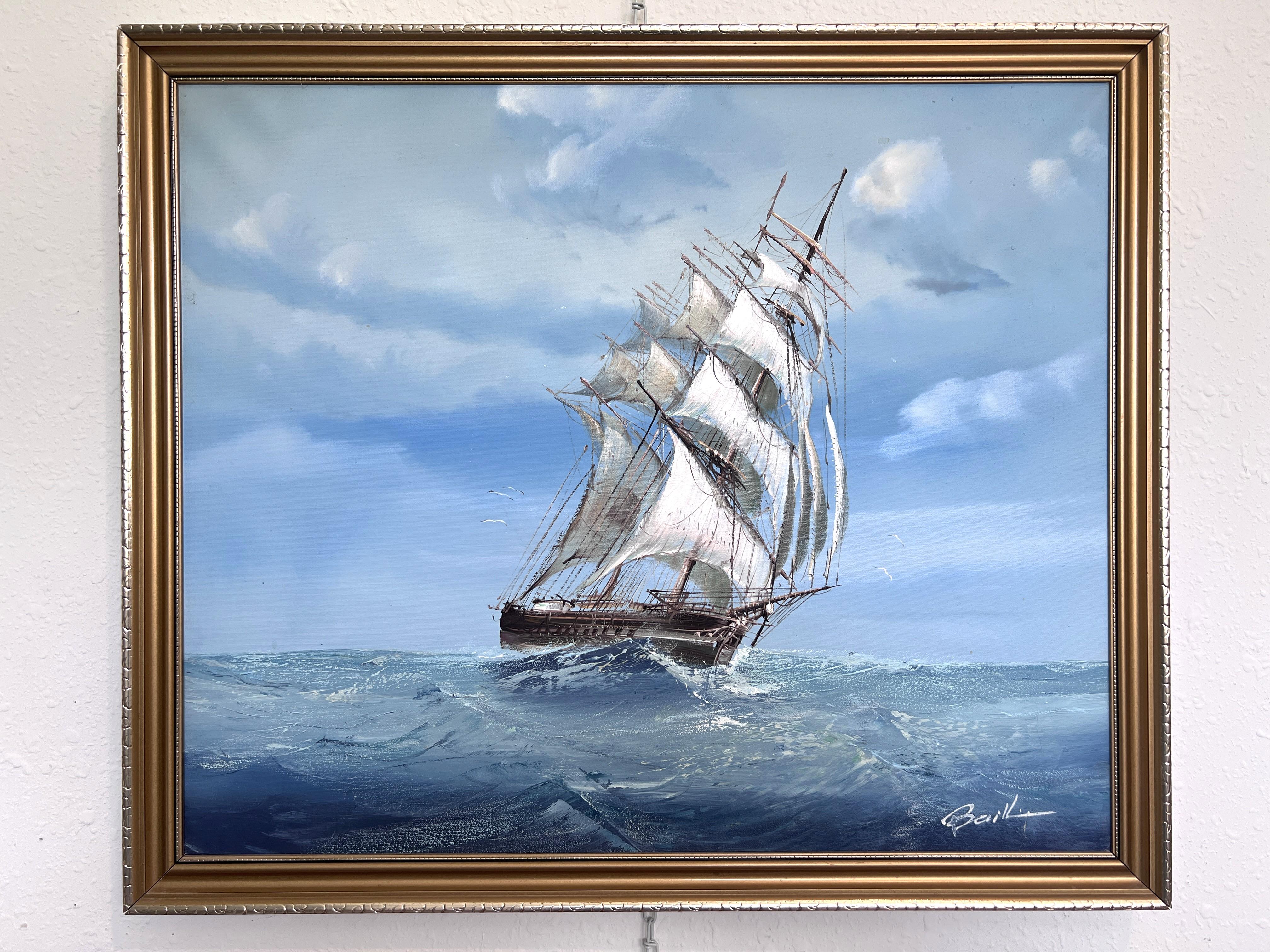 Sailing Ship Seascape by Baill – Original Oil Painting on Canvas, Framed For Sale 1