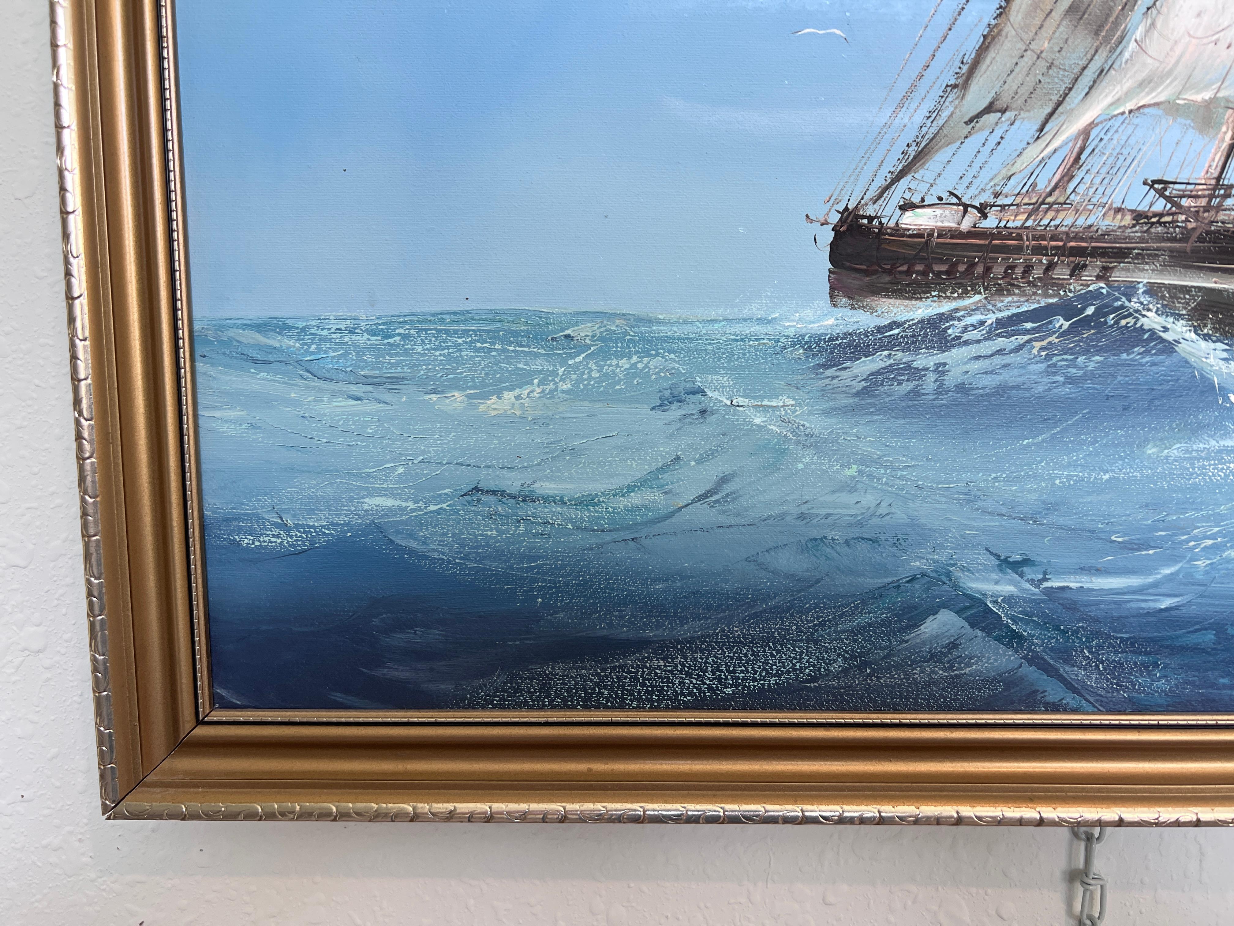 Sailing Ship Seascape by Baill – Original Oil Painting on Canvas, Framed For Sale 3
