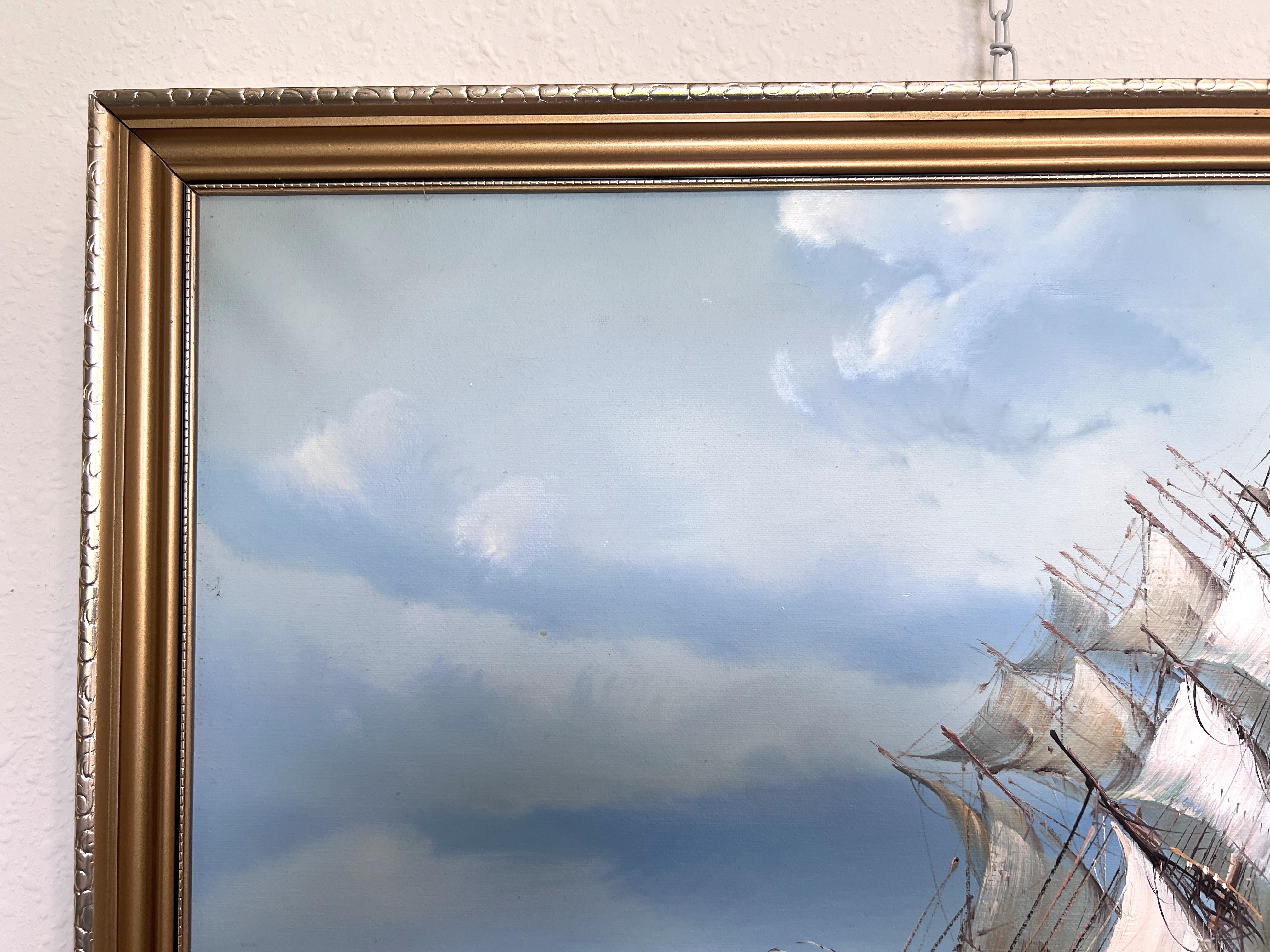 Sailing Ship Seascape by Baill – Original Oil Painting on Canvas, Framed For Sale 4
