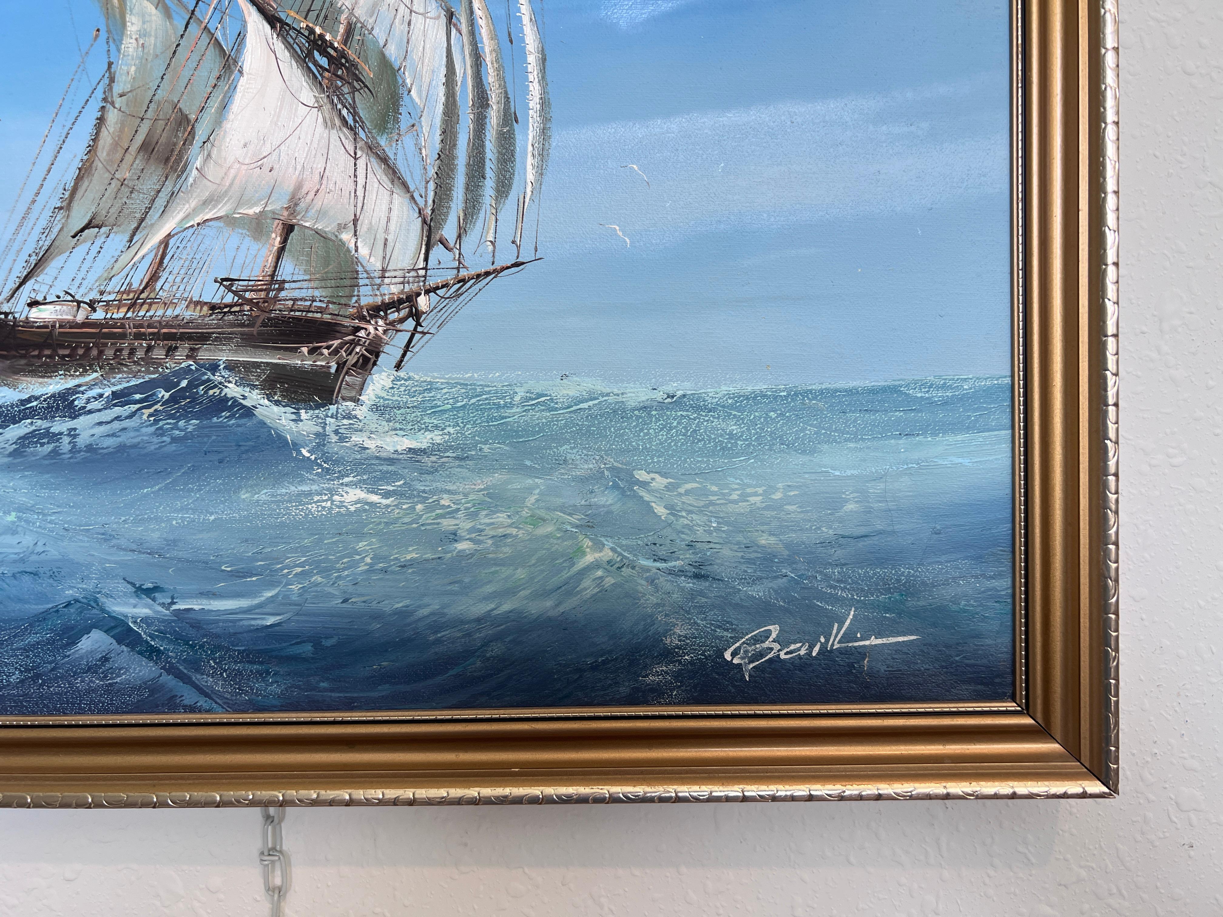 Sailing Ship Seascape by Baill – Original Oil Painting on Canvas, Framed For Sale 6