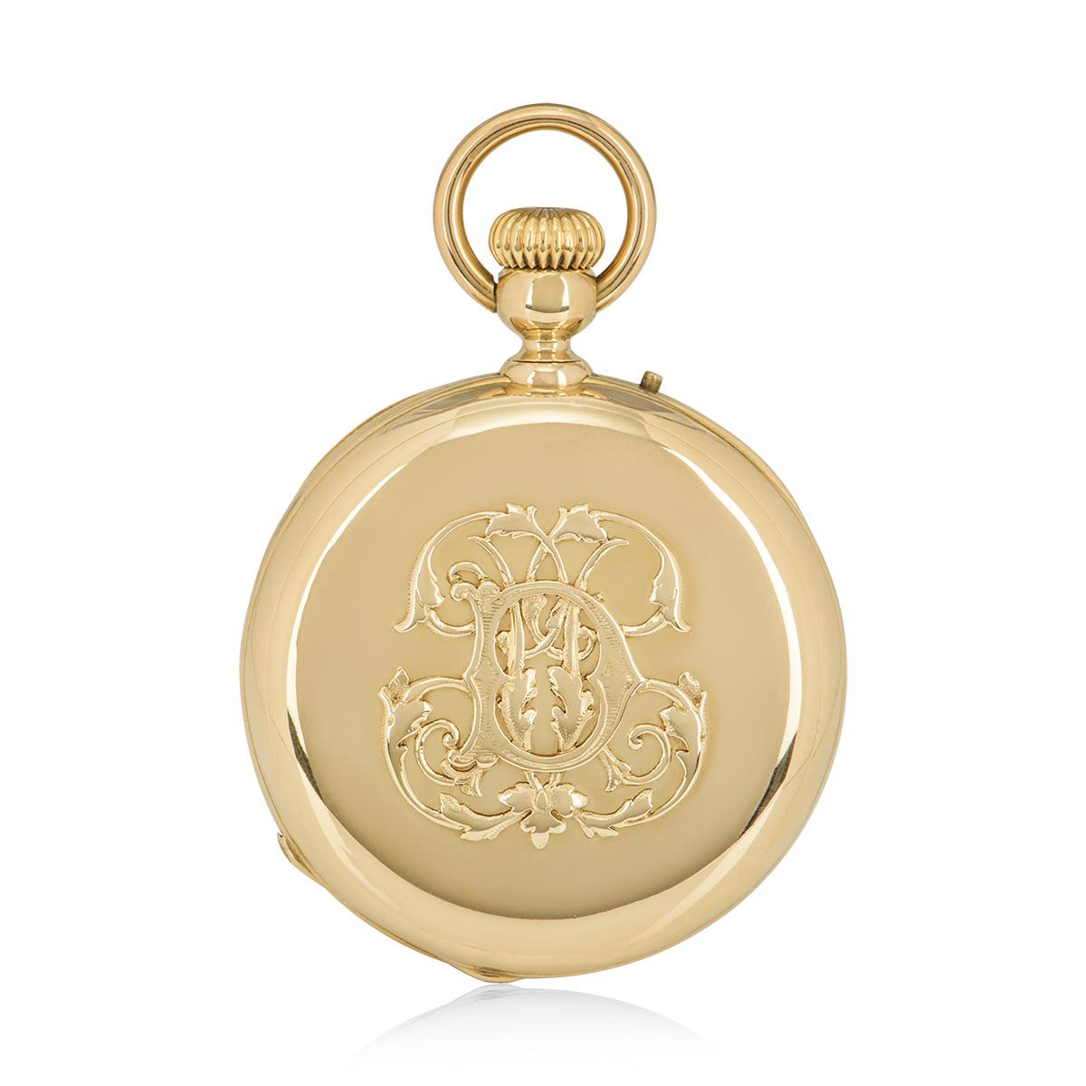 A 49 mm antique Bailley Levieux open face pocket watch in yellow gold, retailed by Golay Fils & Stahl. Featuring a white enamel dial with Roman numerals and a small seconds display. Fitted with mineral glass. The engraved case back opens up to