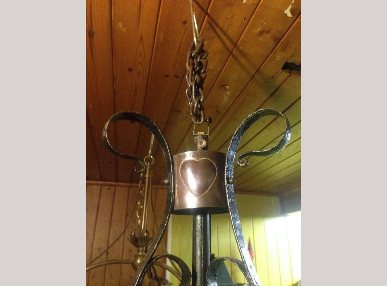 Hand-Crafted M H Baillie Scott, An Arts & Crafts Handmade Copper & Wrought Iron Ceiling Light For Sale