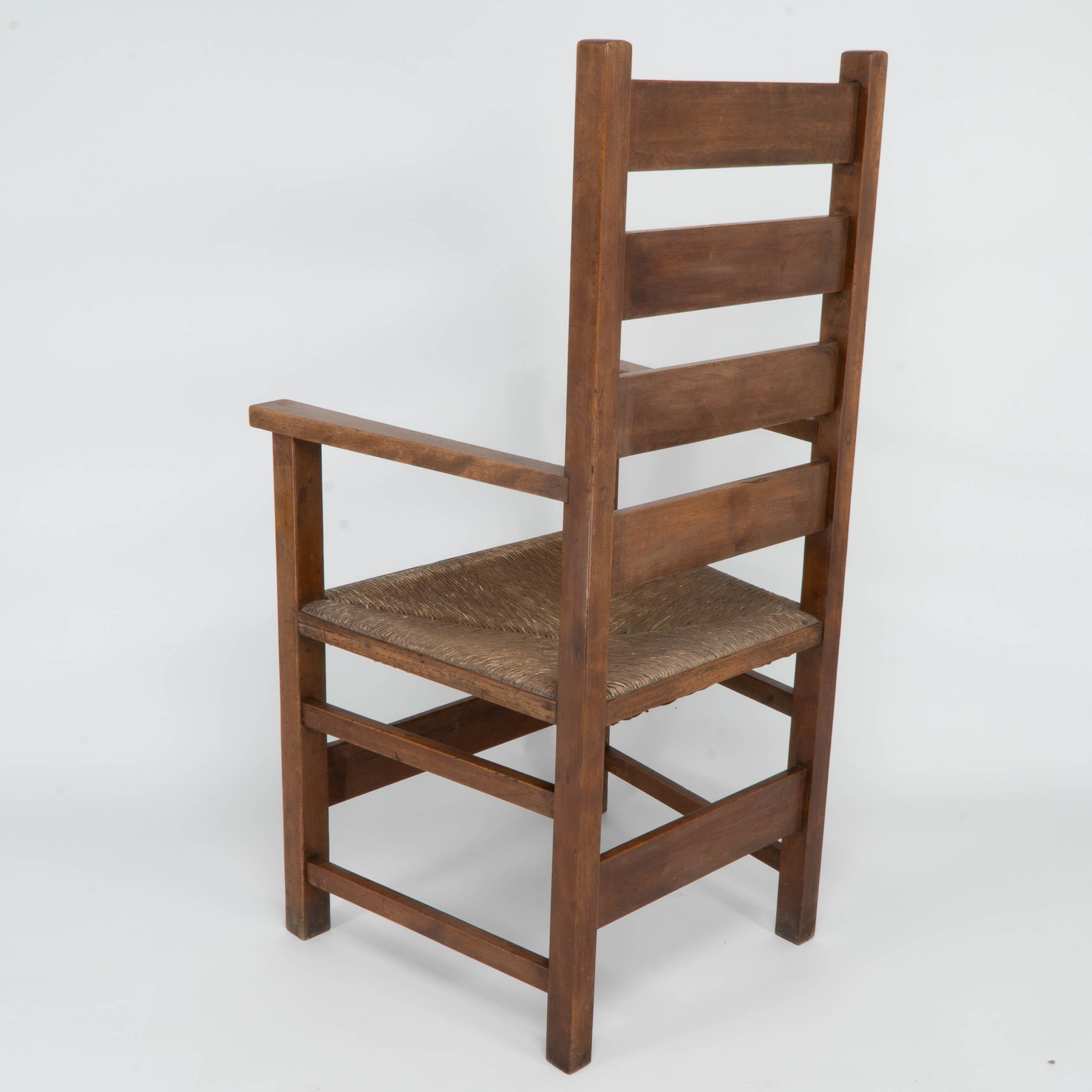 Baillie Scott for J P White. Arts & Crafts oak & rush seat ladder back armchair. For Sale 4