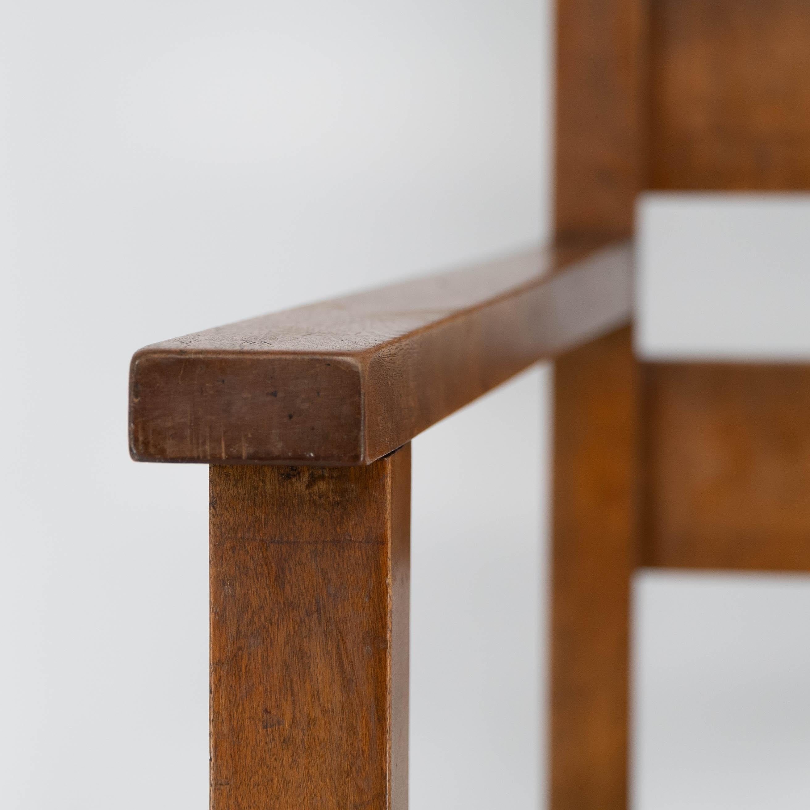 Baillie Scott for J P White. Arts & Crafts oak & rush seat ladder back armchair. For Sale 1
