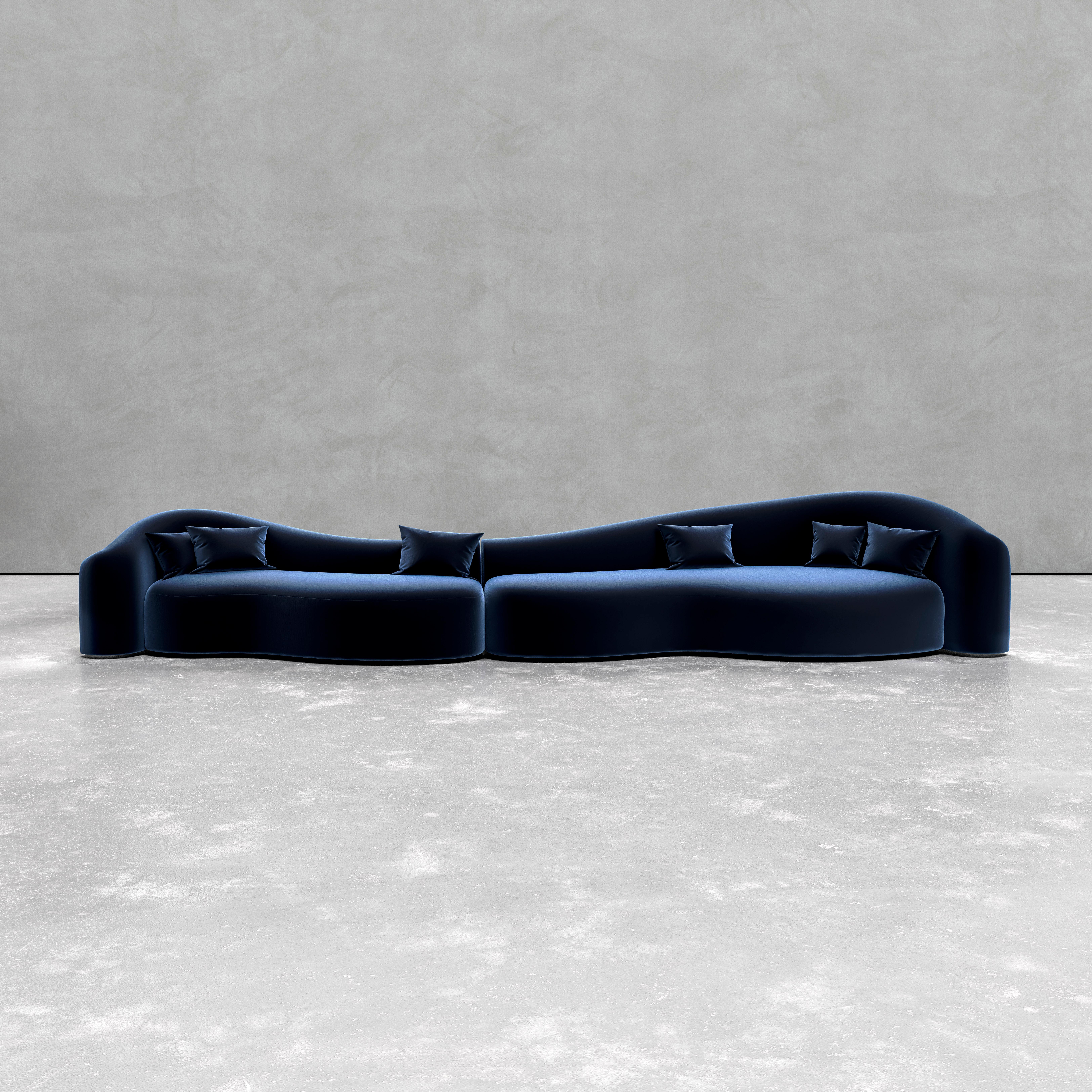 Baïne Navy Sofa by Jérôme Bugara
Limited Edition Of 25 Pieces.
Dimensions: D 100 x W 550 x H 91,5 cm. SH: 45 cm.
Materials: Lelièvre navy velvet fabric.

Signed, serial number and certificate of Authenticity. 6 cushions are included. Also available