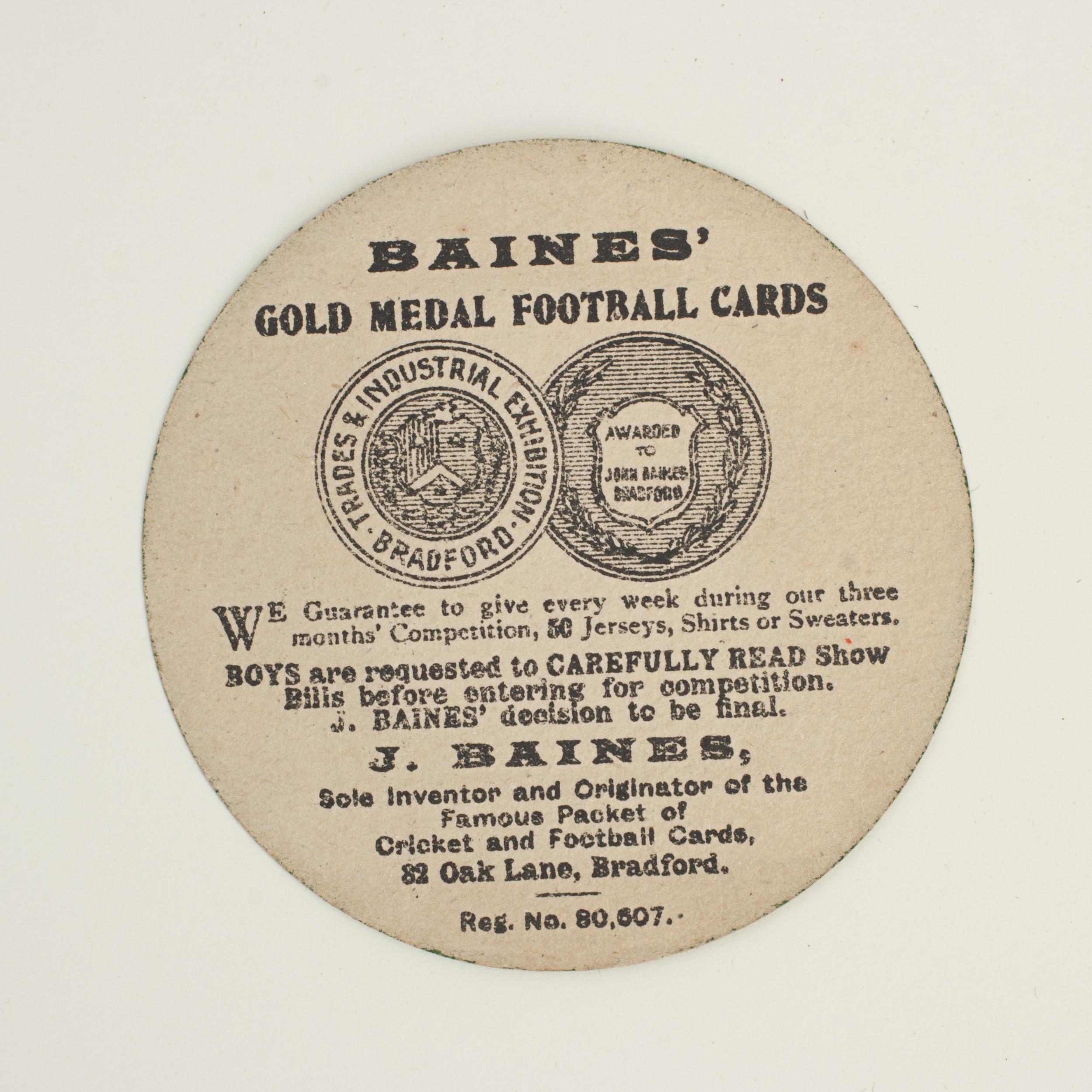 Baines football trade card, bare. Well dribbled.
A rare circular football trade card in the shape of a leather football ball. Made by the toy shop owner from Bradford, John Baines. Baines went on to produce not only football cards but eventually