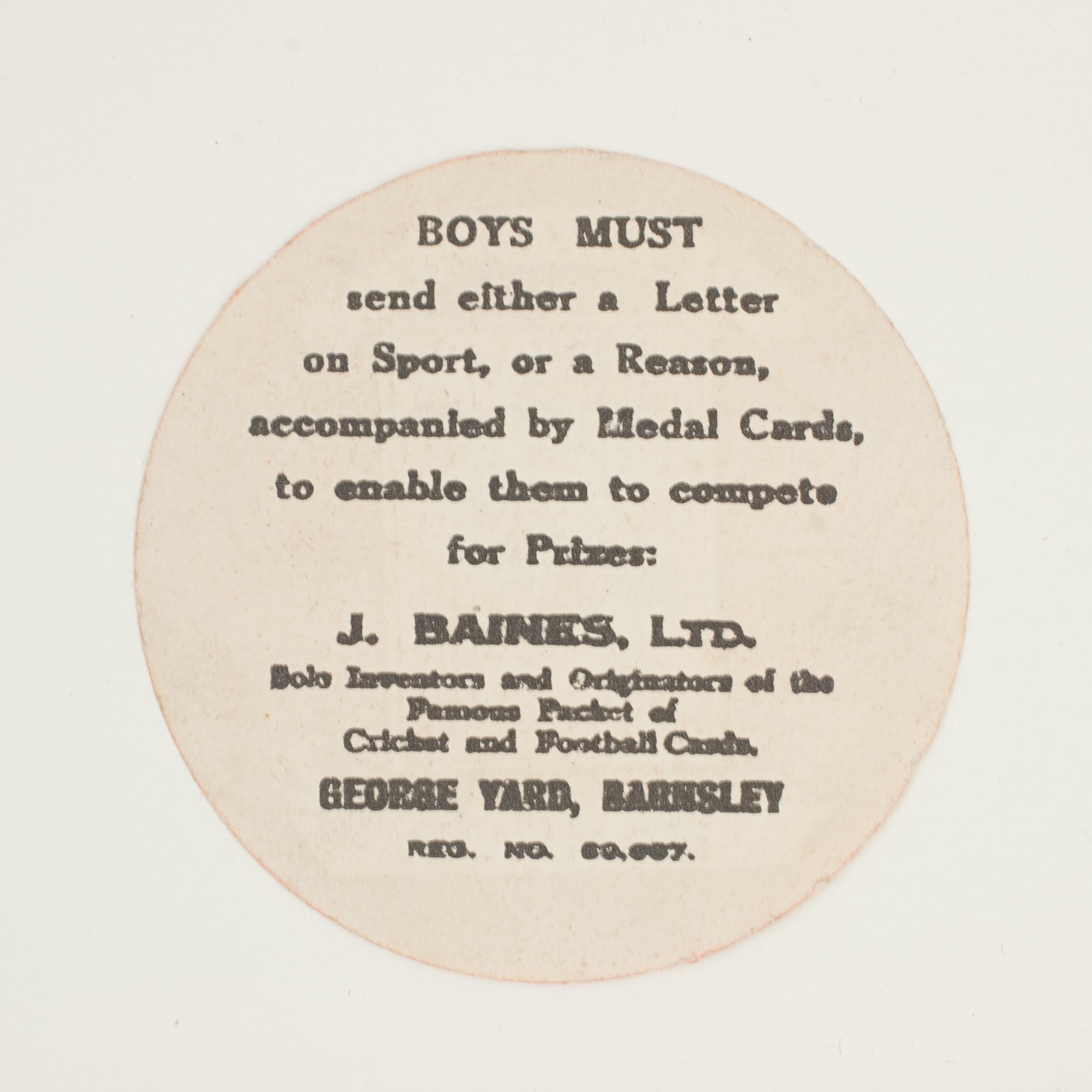 Baines football trade card, barrow. Play up.
A rare circular football trade card in the shape of a leather football ball. Made by the toy shop owner from Bradford, John Baines. Baines went on to produce not only football cards but eventually