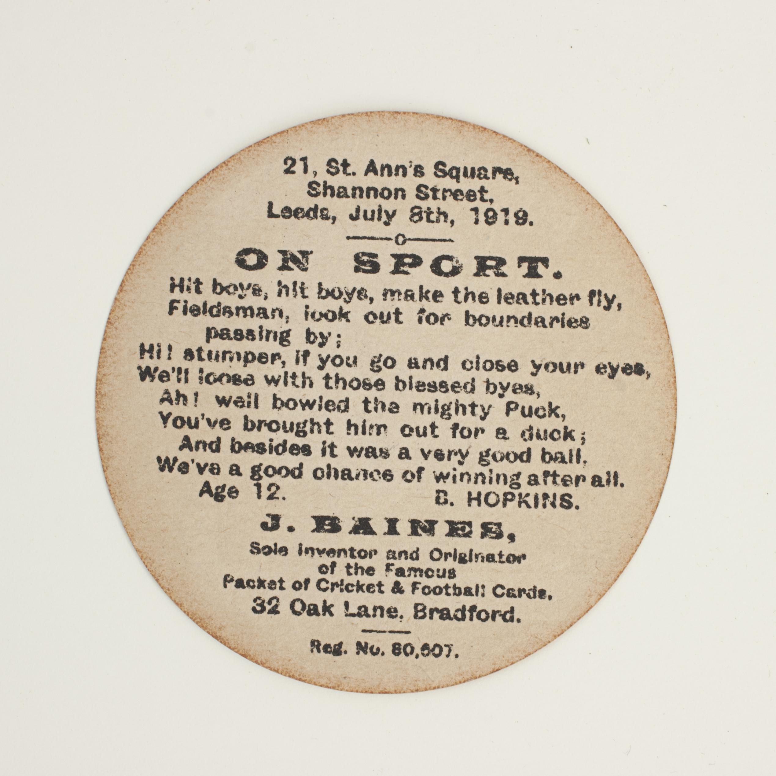 Baines football trade card, Dolphin Holme. Play The Game.
A rare circular football trade card in the shape of a leather football ball. Made by the toy shop owner from Bradford, John Baines. Baines went on to produce not only football cards but