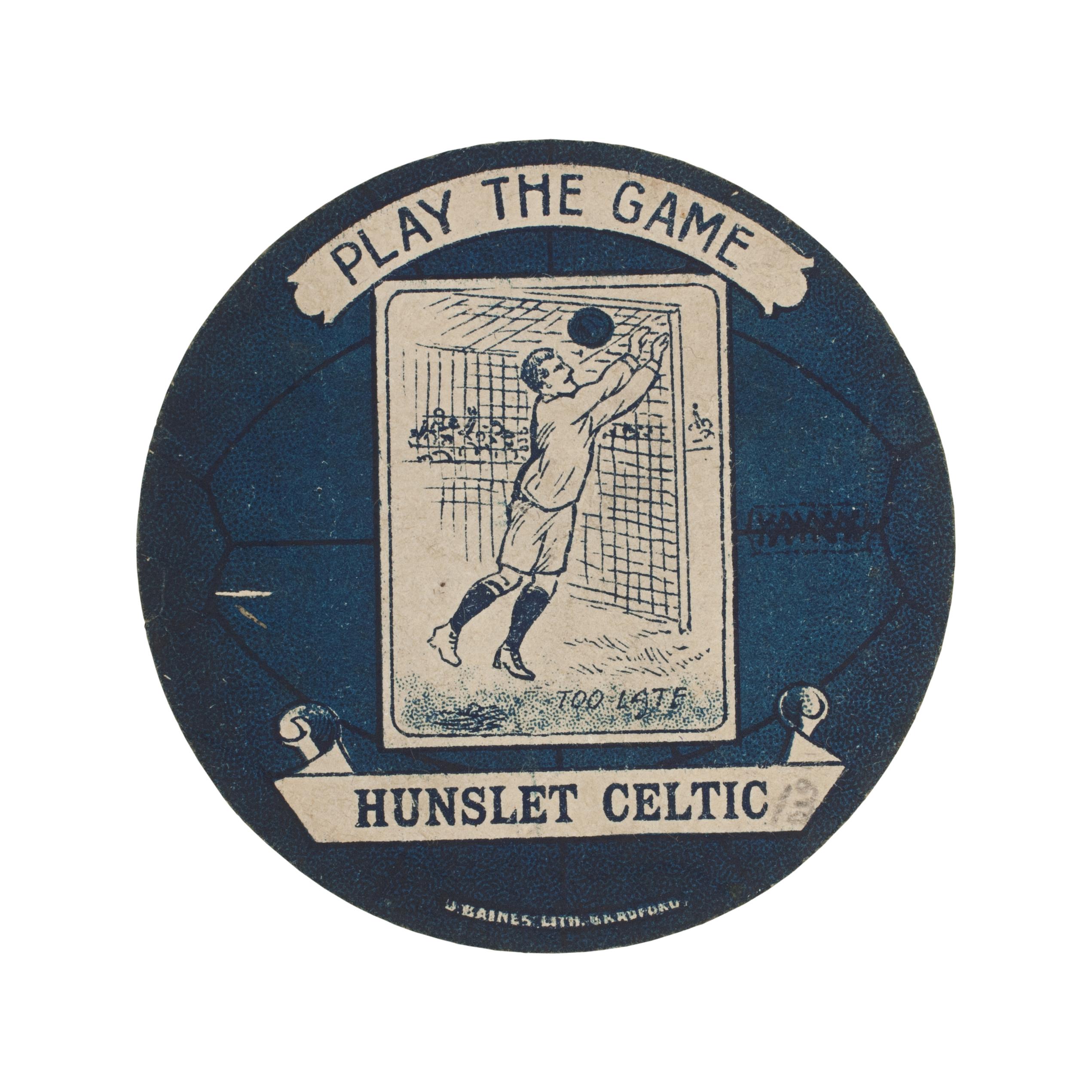 Baines football trade card, Hunslet Celtic, Play The Game.
A rare circular football trade card in the shape of a leather football ball. Made by the toy shop owner from Bradford, John Baines. Baines went on to produce not only football cards but