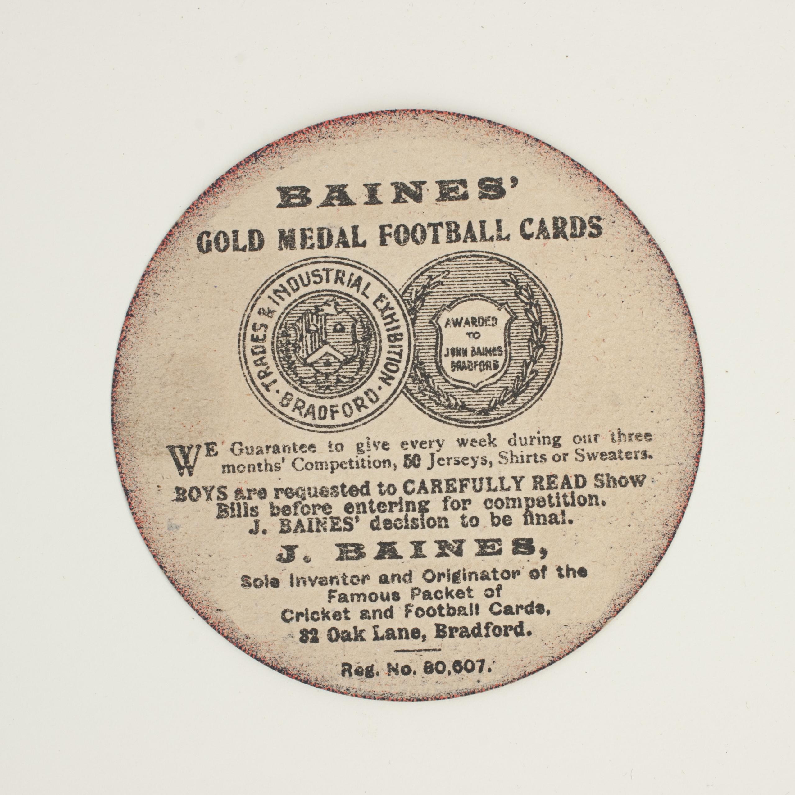 Baines football trade card, Knottingley road walk. Well played.
A rare circular football trade card in the shape of a leather football ball. Made by the toy shop owner from Bradford, John Baines. Baines went on to produce not only football cards