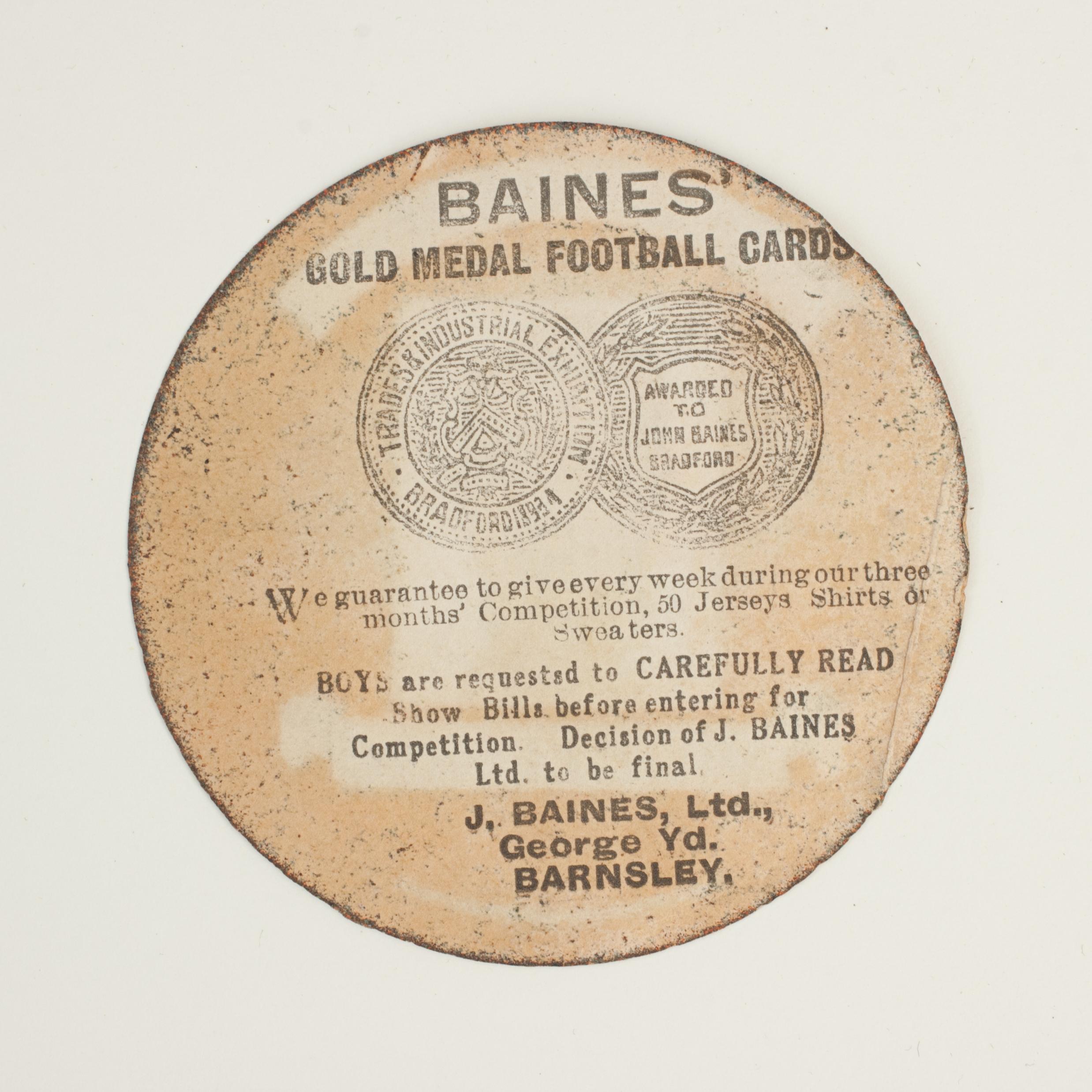 Baines football trade card, Middlesbro. Well Played.
A rare circular football trade card in the shape of a leather football ball. Made by the toy shop owner from Bradford, John Baines. Baines went on to produce not only football cards but