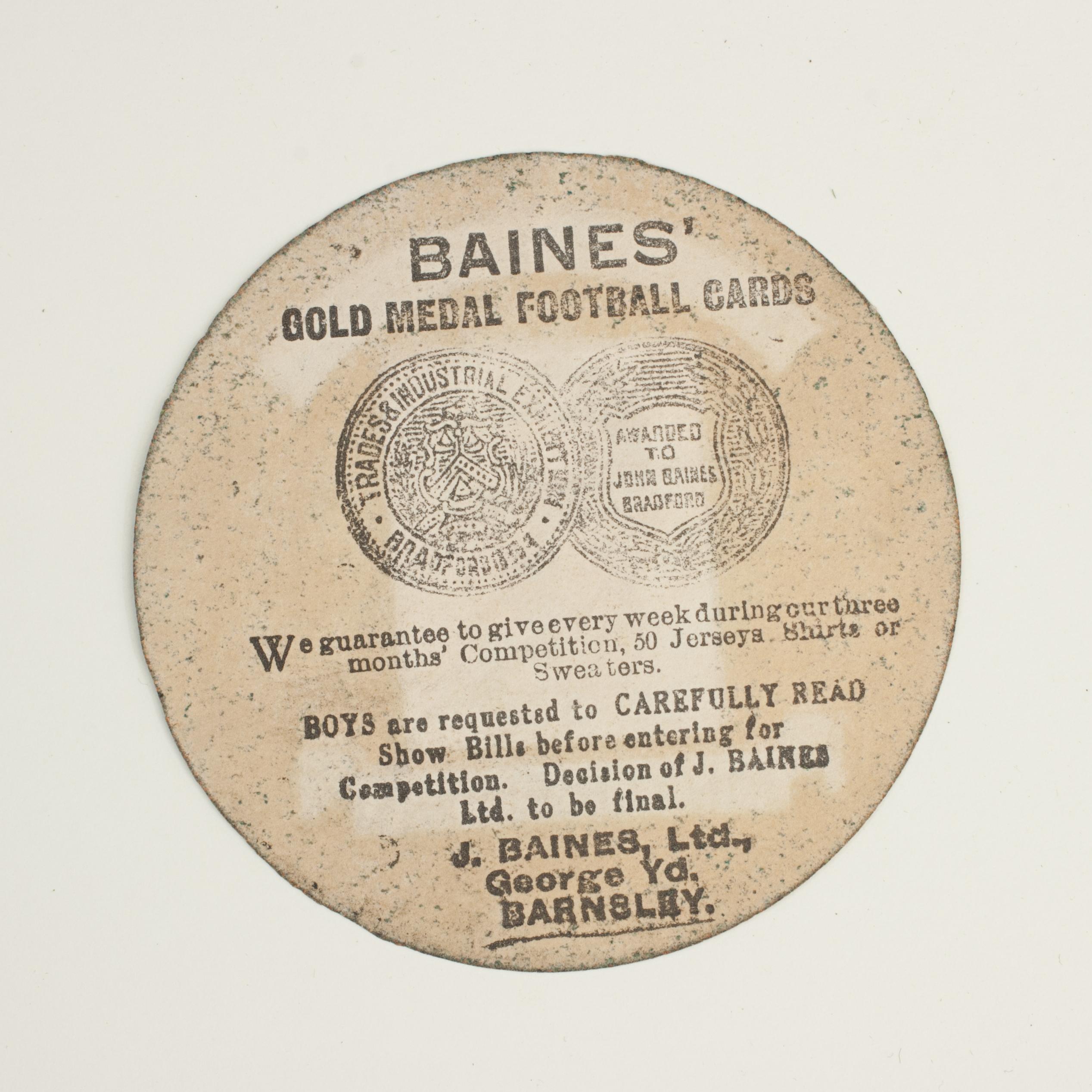 Baines Football trade card, Middlesbro. Well Played.
A rare circular football trade card in the shape of a leather football ball. Made by the toy shop owner from Bradford, John Baines. Baines went on to produce not only football cards but