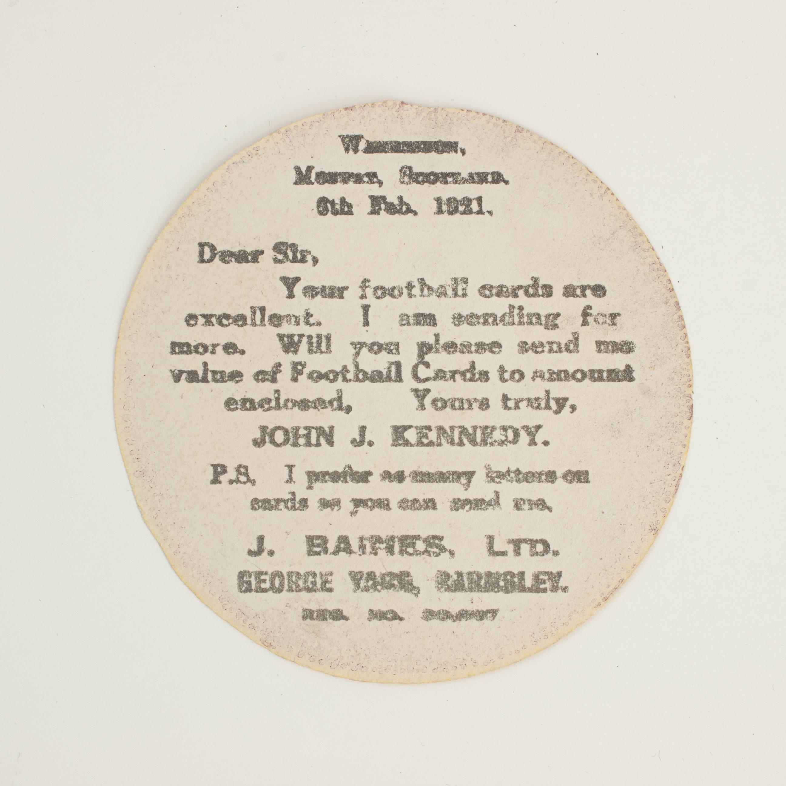 Baines Football Trade Card, Newcastle. Well Centred.
A rare circular football trade card in the shape of a leather football ball. Made by the toy shop owner from Bradford, John Baines. Baines went on to produce not only football cards but