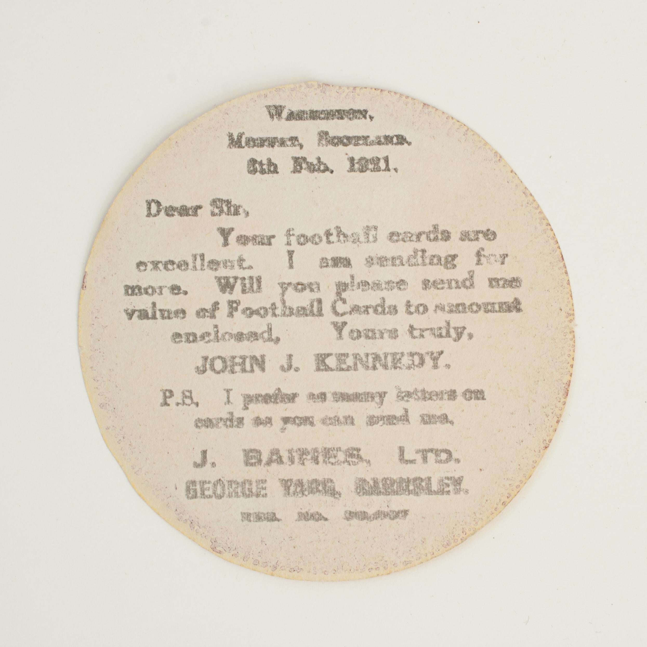 Baines football trade card, Newcastle, Well Centred.
A rare circular football trade card in the shape of a leather football ball. Made by the toy shop owner from Bradford, John Baines. Baines went on to produce not only football cards but