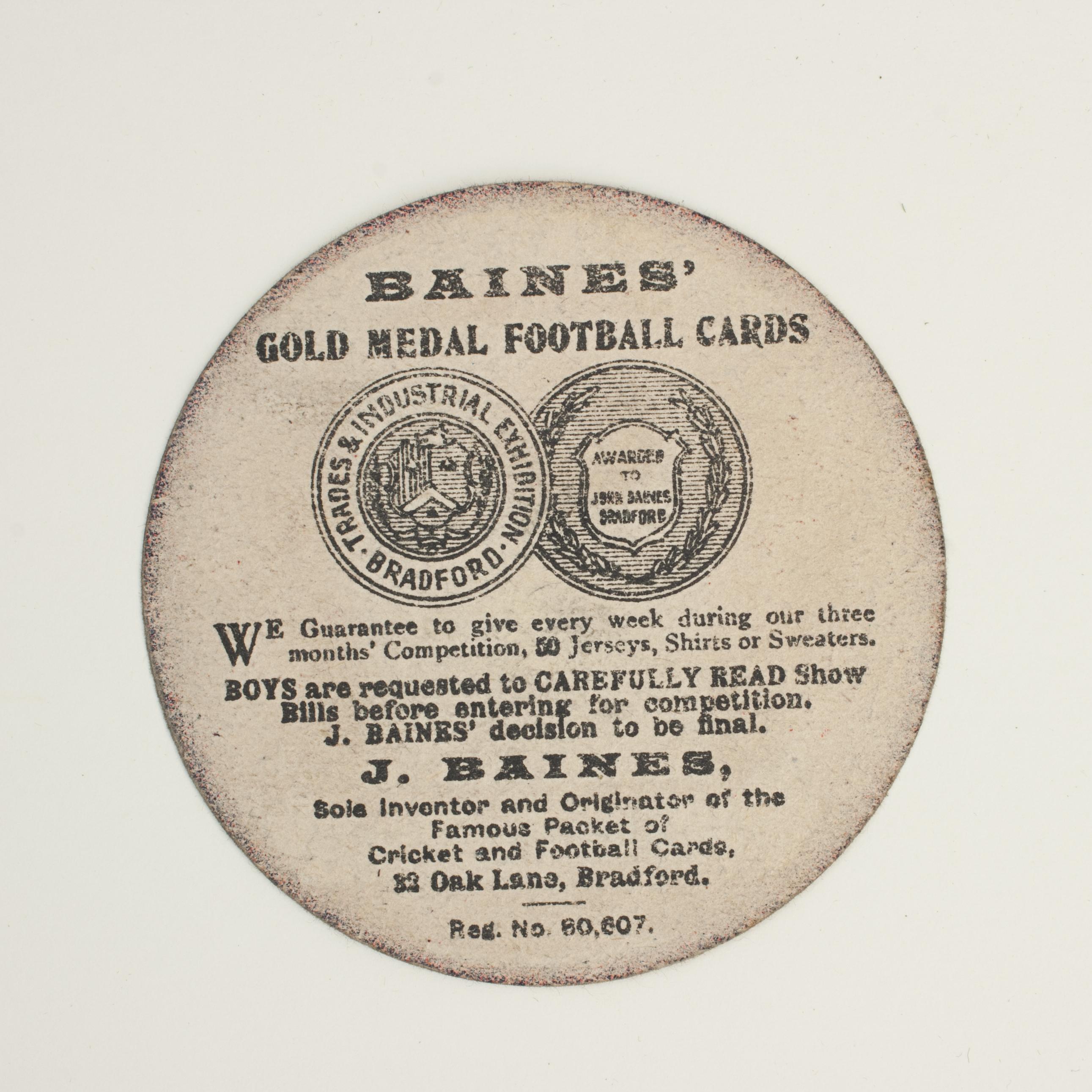 Baines football trade card, yeadon green lane. Well played.
A rare circular football trade card in the shape of a leather football ball. Made by the toy shop owner from Bradford, John Baines. Baines went on to produce not only football cards but
