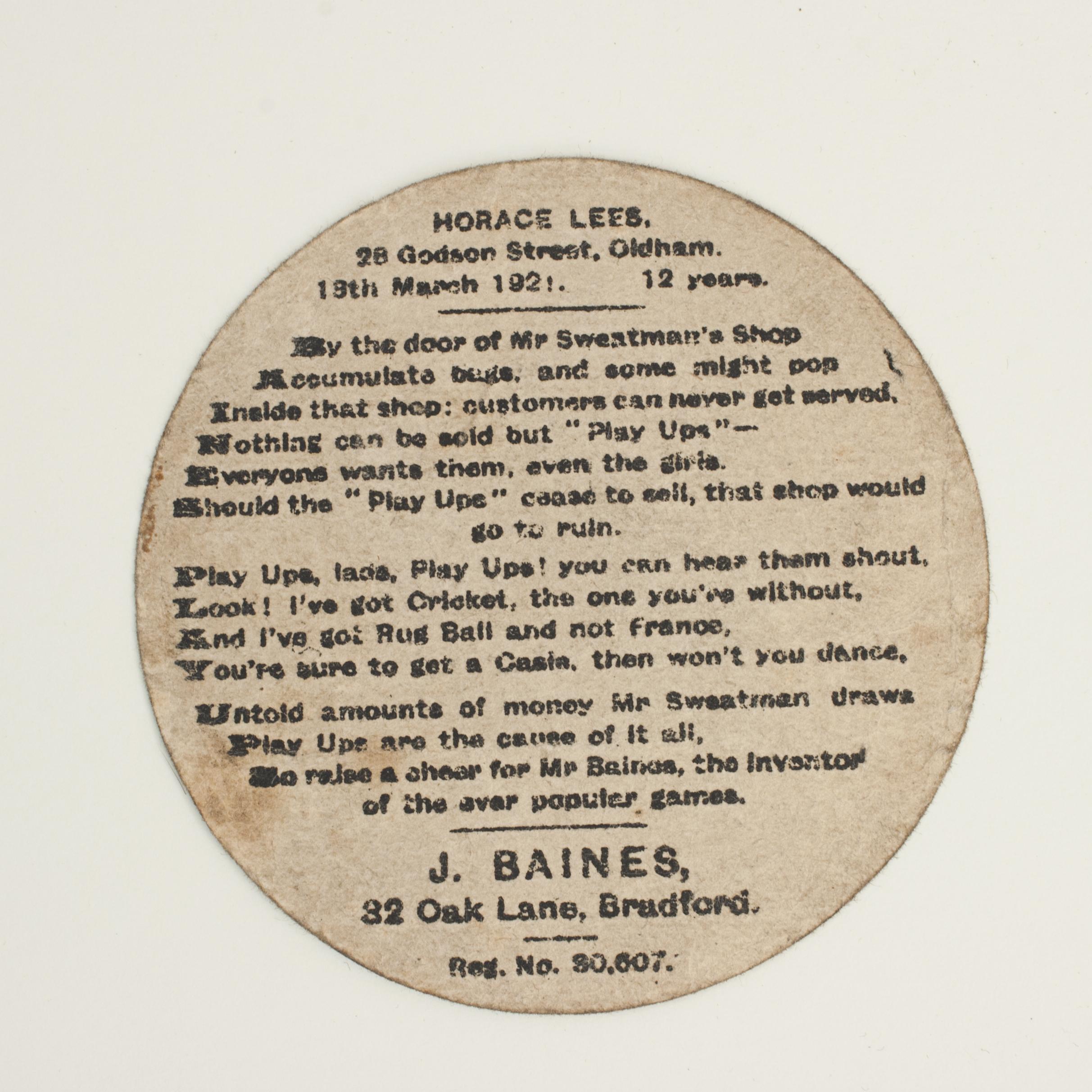 Biglietto da visita di Baines Golfing, Hanger Hill.
Una rara cartolina circolare di golf a forma di pallina di rovo. Realizzato dal proprietario di un negozio di giocattoli di Bradford, John Baines. Baines ha continuato a produrre non solo figurine