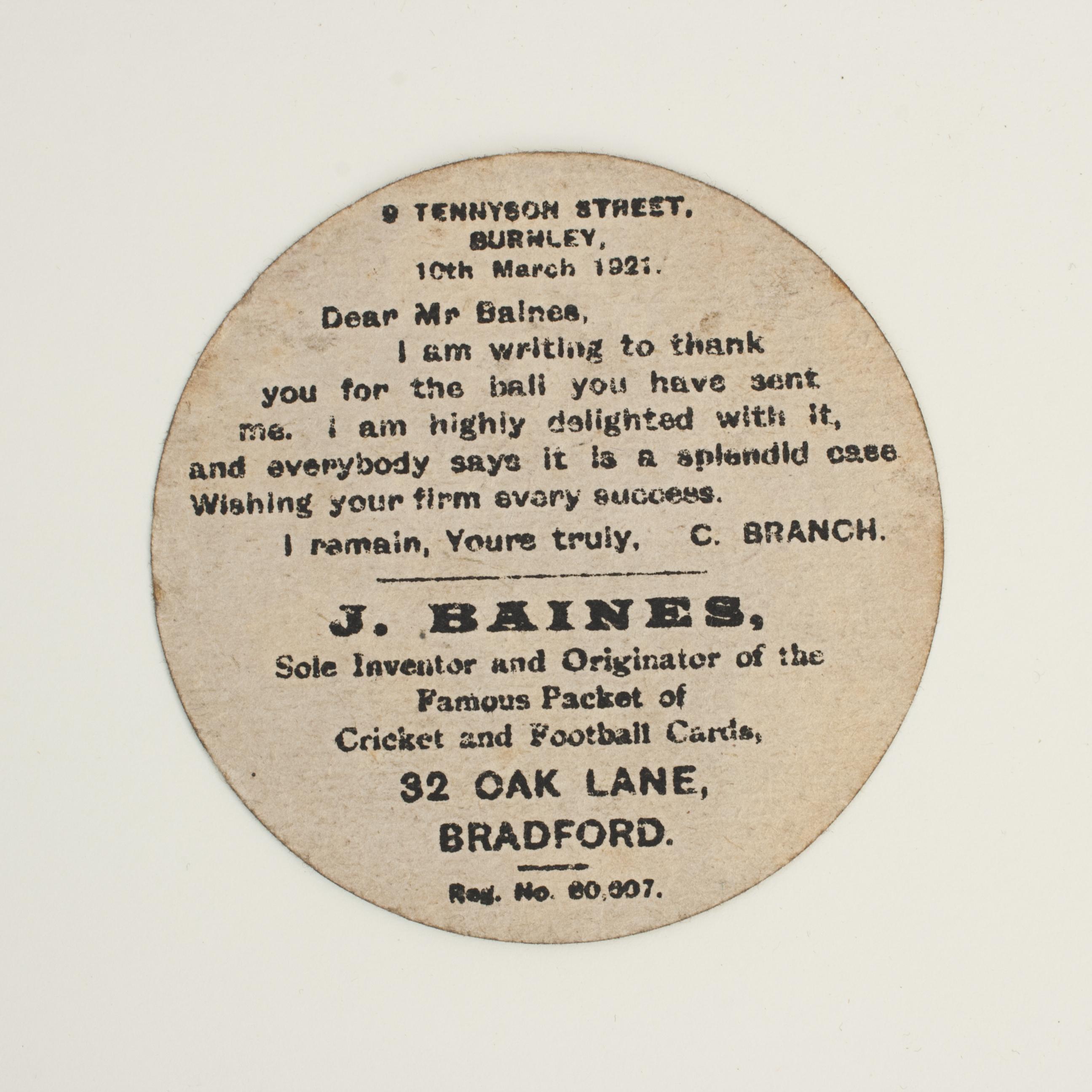 Baines golfing trade card, North Berwick.
A rare circular golf trade card in the shape of a bramble golf ball. Made by the toy shop owner from Bradford, John Baines. Baines went on to produce not only football cards but eventually covered scores of