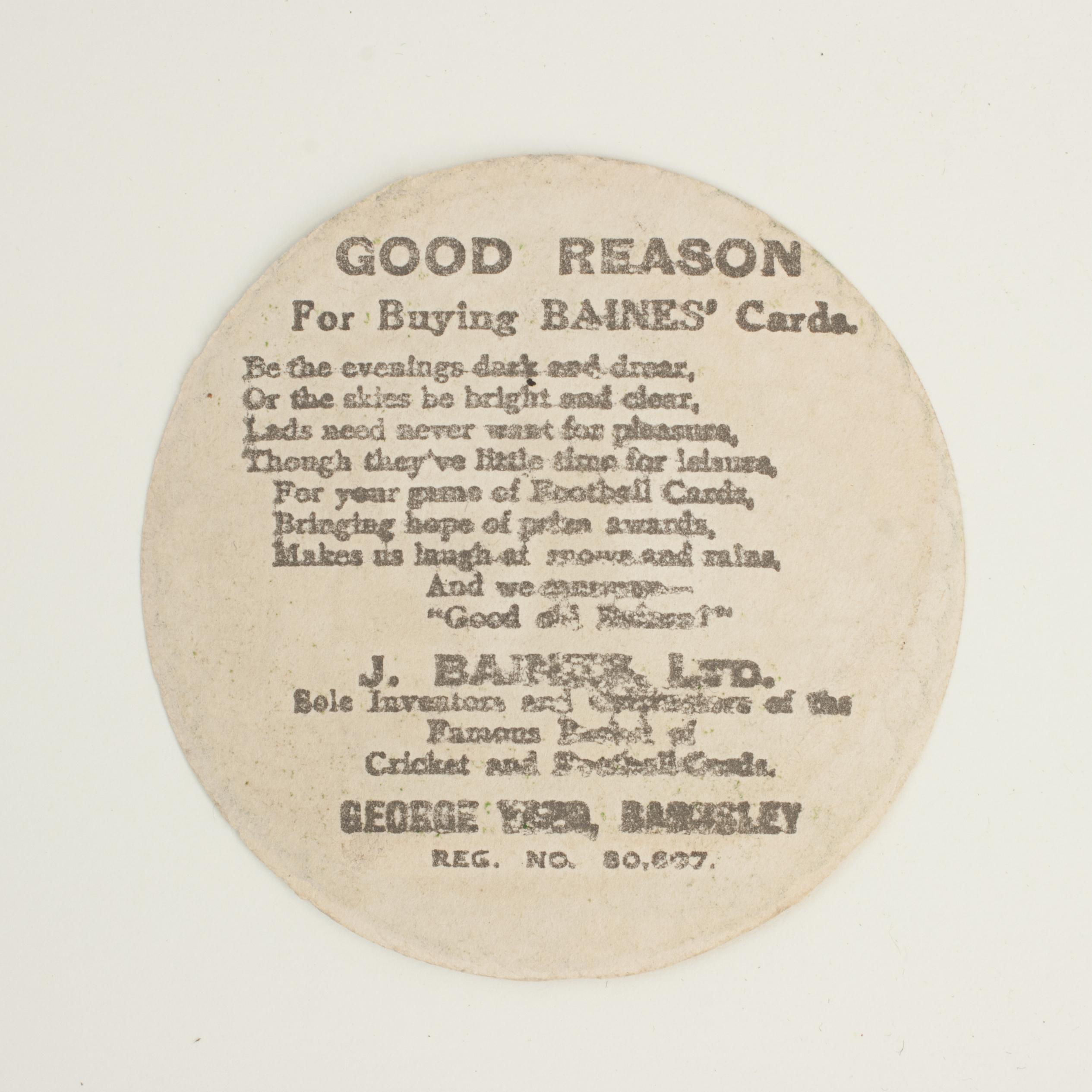 Baines Golfing trade card, Swindon.
A rare circular golf trade card in the shape of a bramble golf ball. Made by the toy shop owner from Bradford, John Baines. Baines went on to produce not only football cards but eventually covered scores of