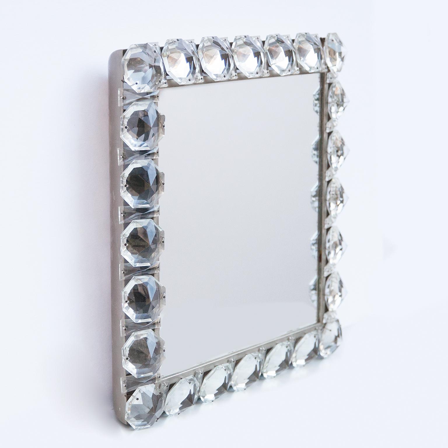 Wonderful glass gems backlit mirror from Bakalowits, Austria 1960s.

 In square shape, chrome and crystal glass. Can also be used as a vanity mirror in your guest bathroom with fantastic light effects.