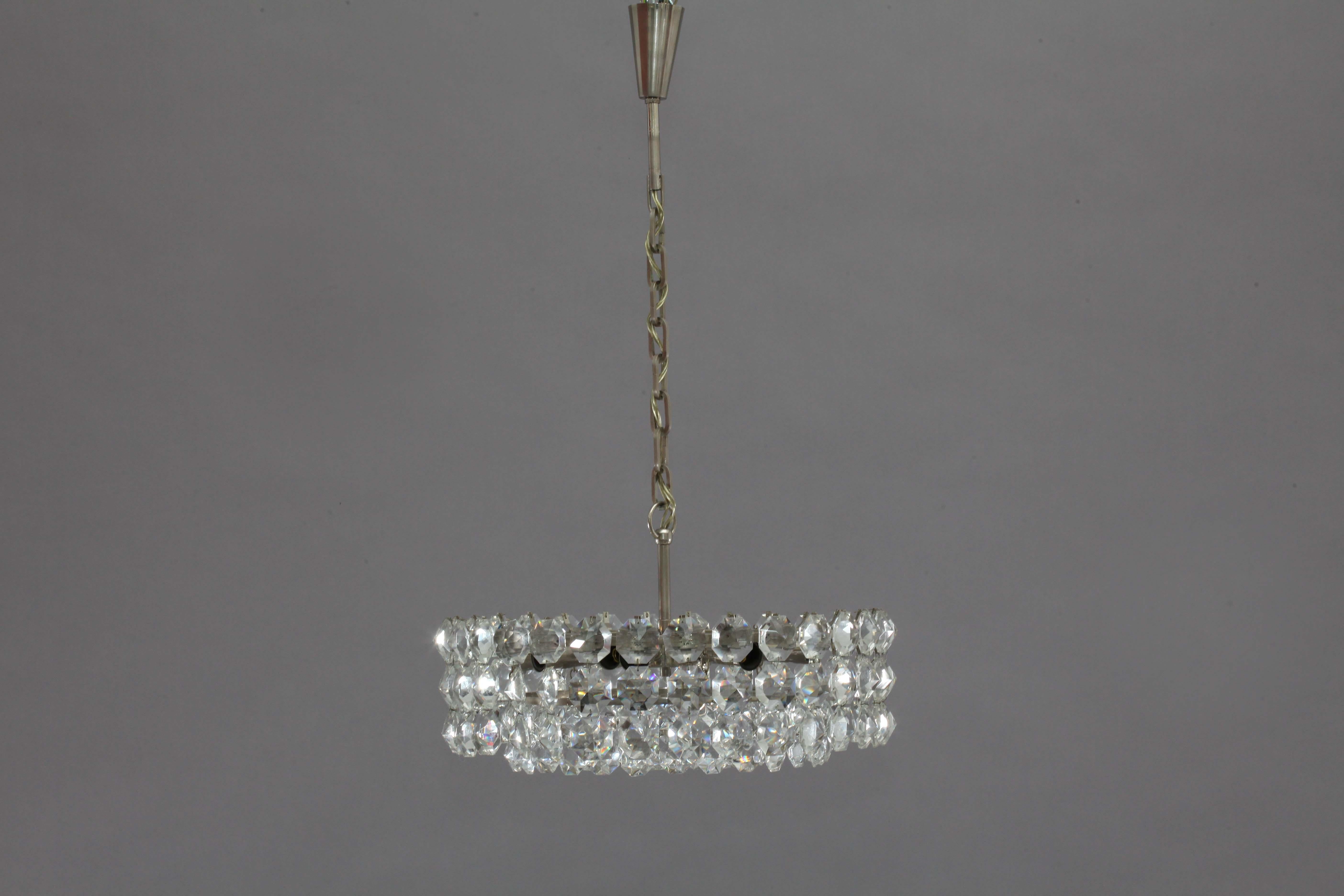 Mid-Century Modern Bakalowits Chandelier Austria, 1960, Diamond Cut Crystal on a Chrome Frame For Sale