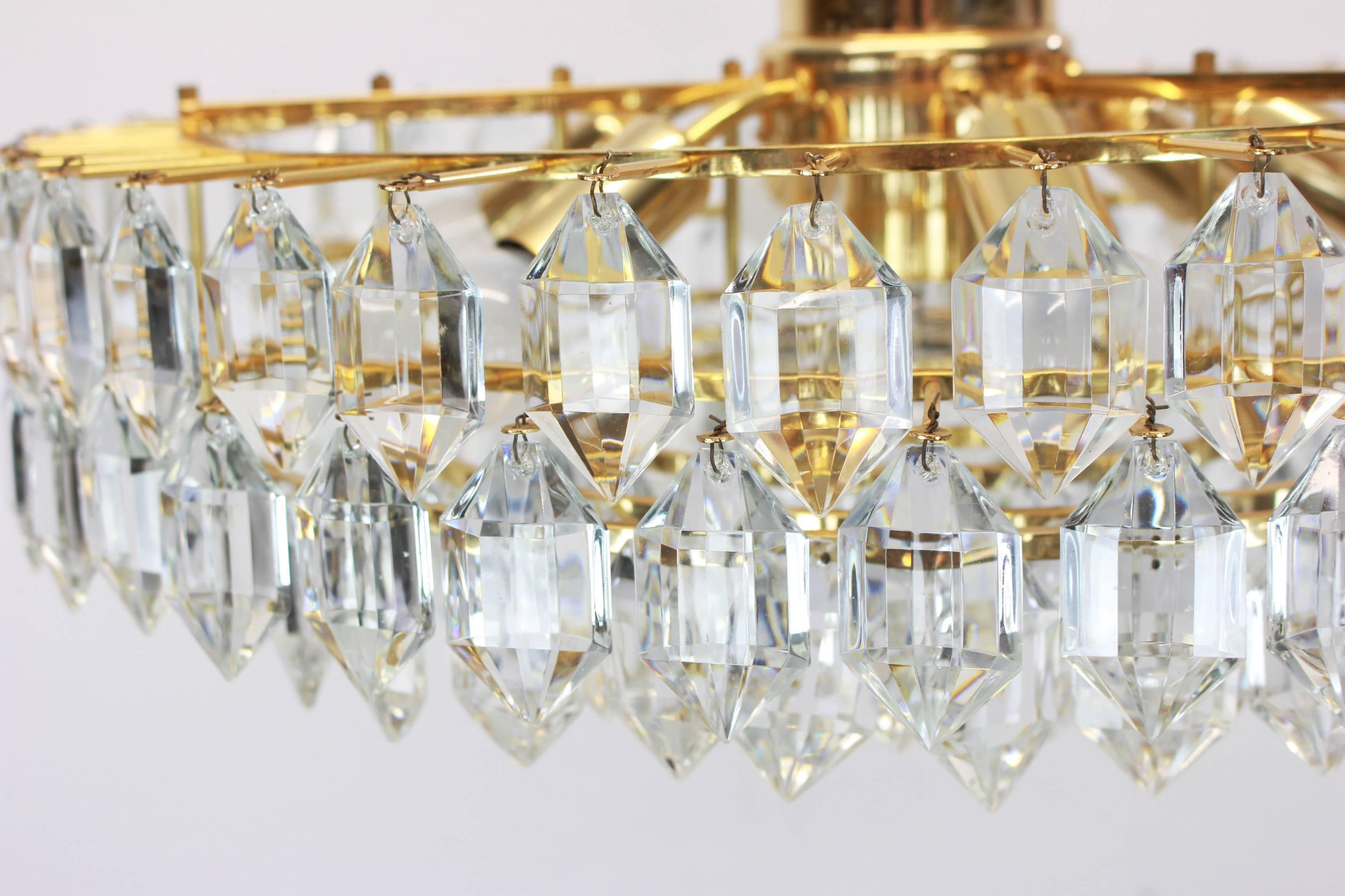 Mid-Century Modern Bakalowits Chandelier, Brass and Crystal Glass, Austria, 1960s