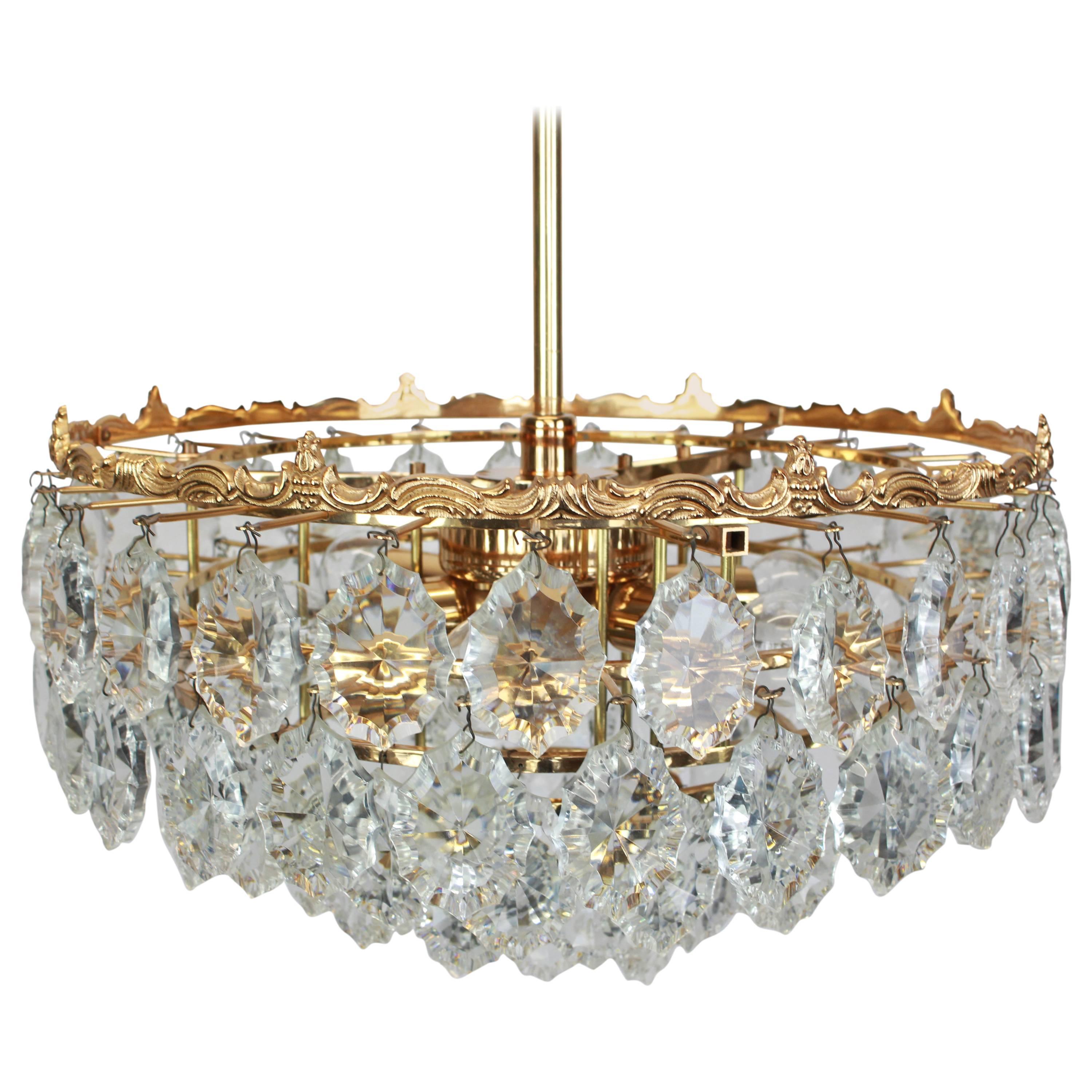 Mid-20th Century Bakalowits Chandelier, Brass and Crystal Glass, Austria, 1960s For Sale