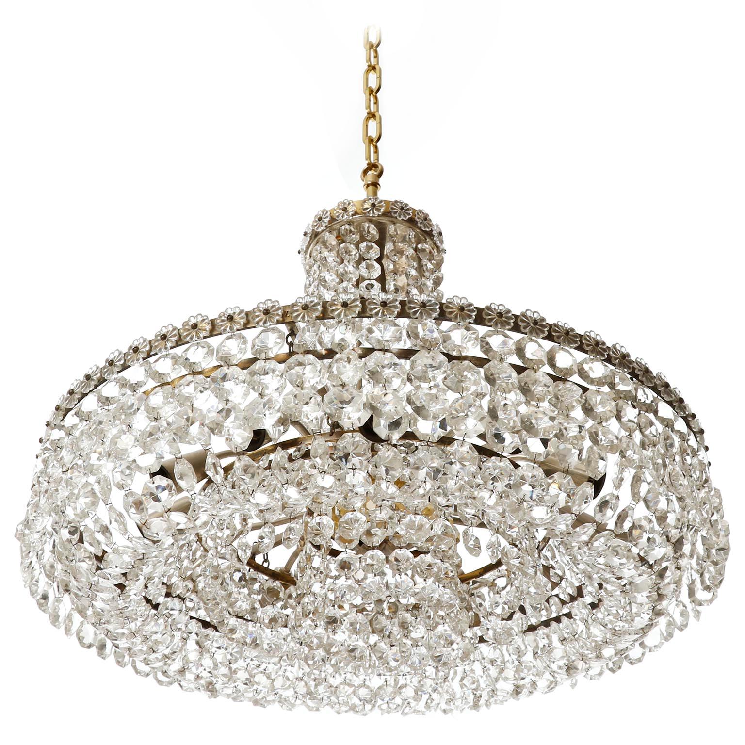 Mid-20th Century Bakalowits Chandelier Pendant Light No. 3330, Brass Nickel Glass, 1960s For Sale