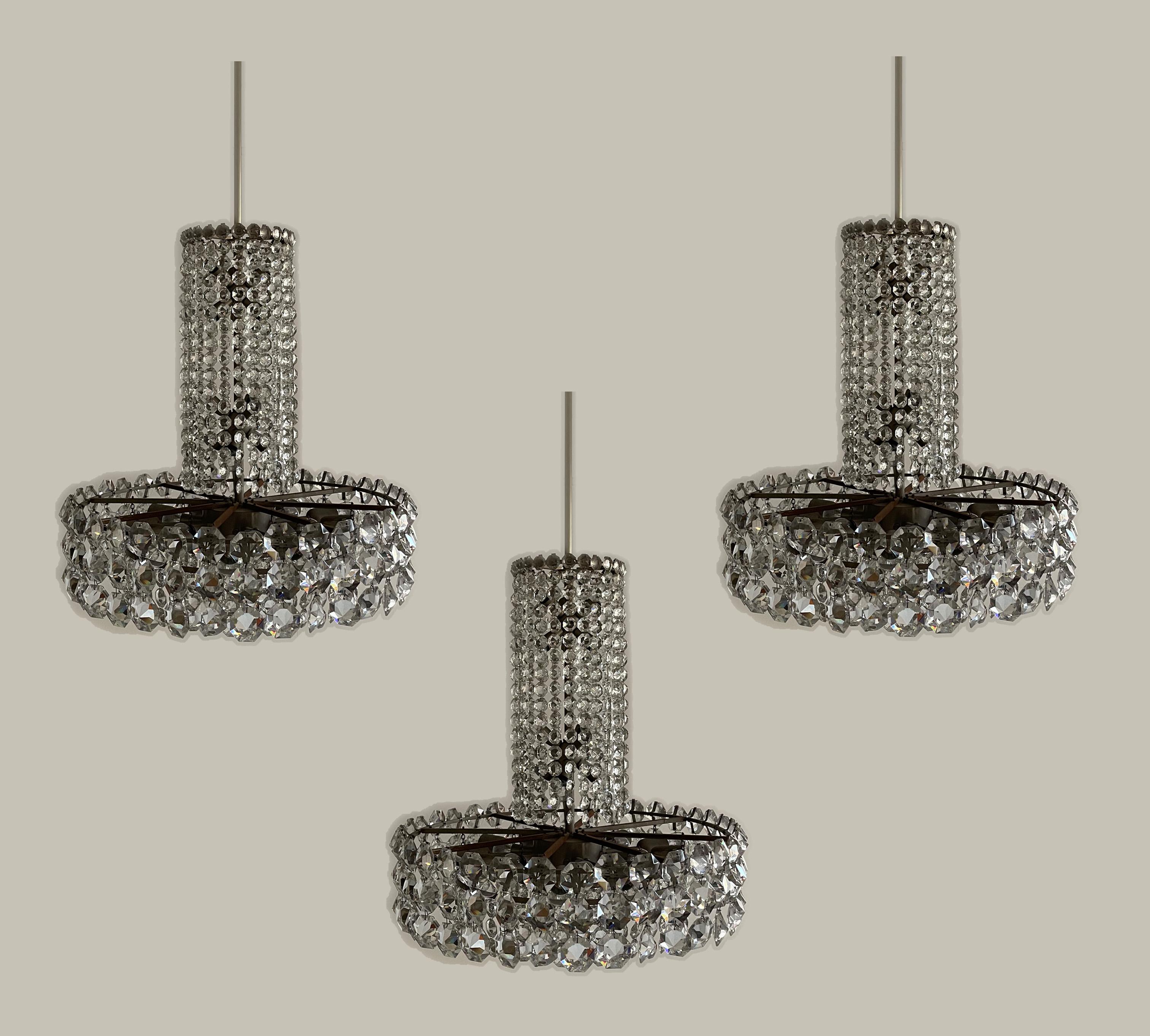 Mid-Century Modern Bakalowits Crystal Chandelier from the Swedish Embassy Vienna, Set of 3, 1960s For Sale