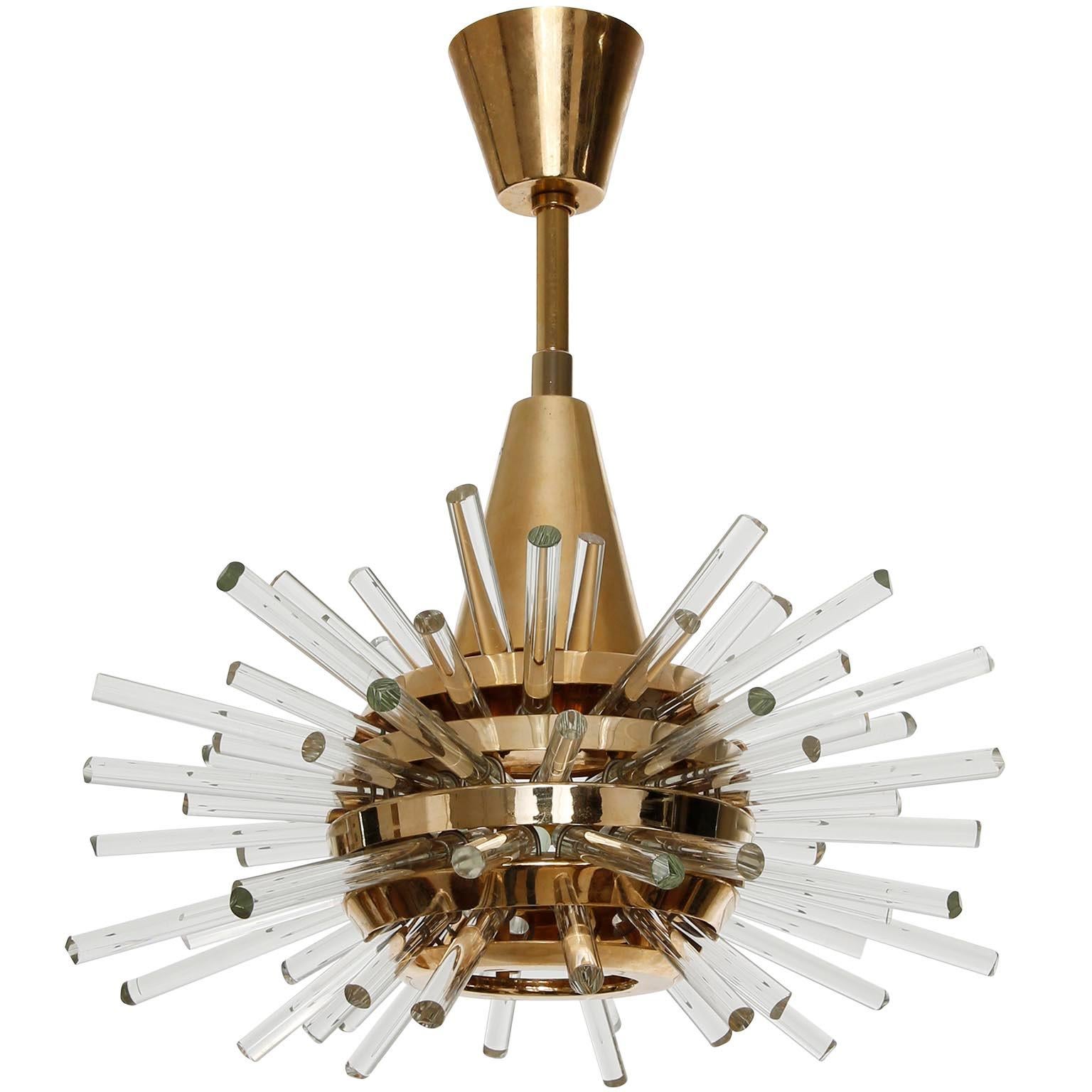 Mid-Century Modern Bakalowits 'Miracle' Sputnik Chandelier Pendant, Gilt Brass Glass Rods, 1970