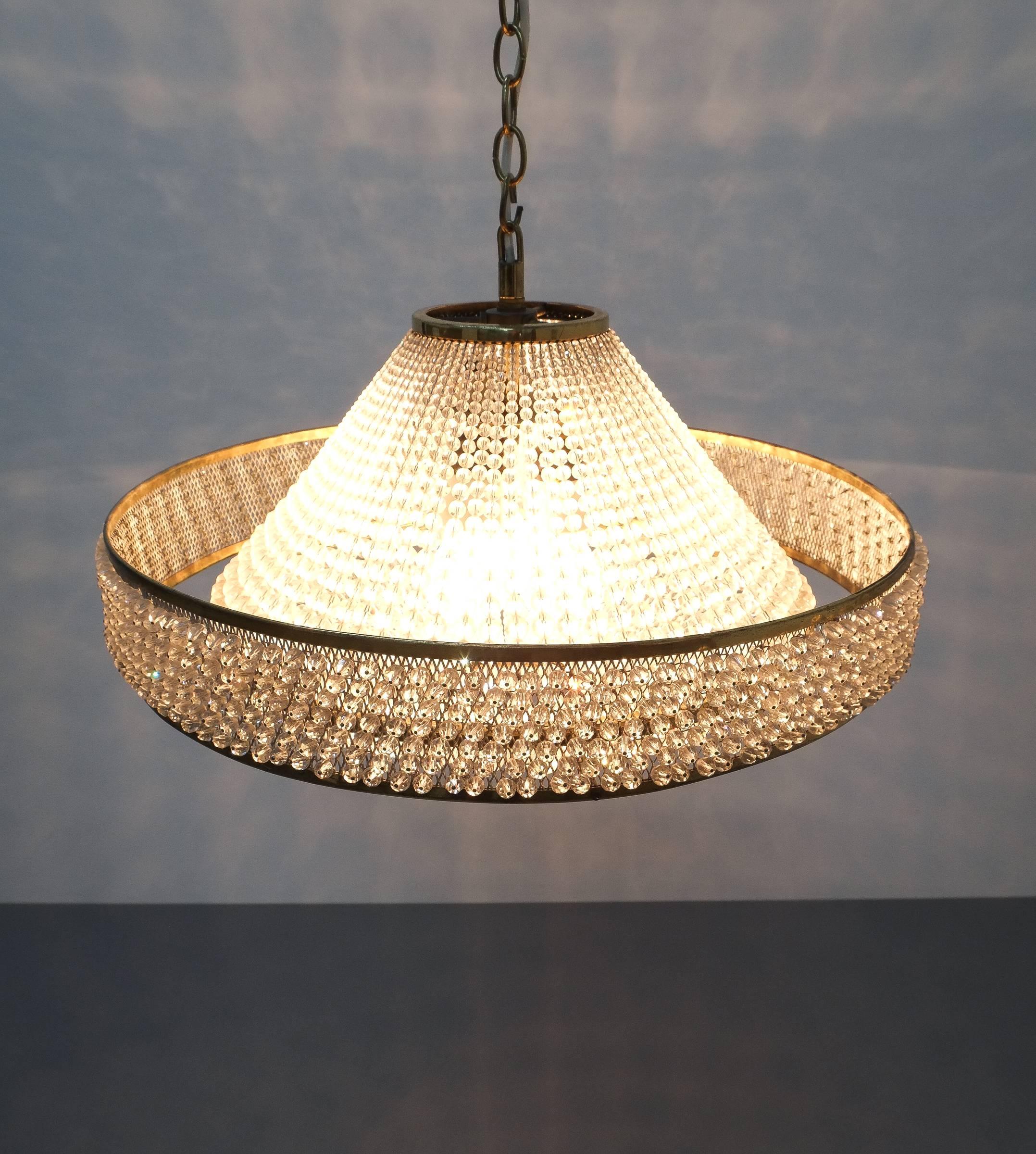 Mid-Century Modern Bakalowits Pearl Crystal Ufo Chandelier with Brass Details, Austria, 1960